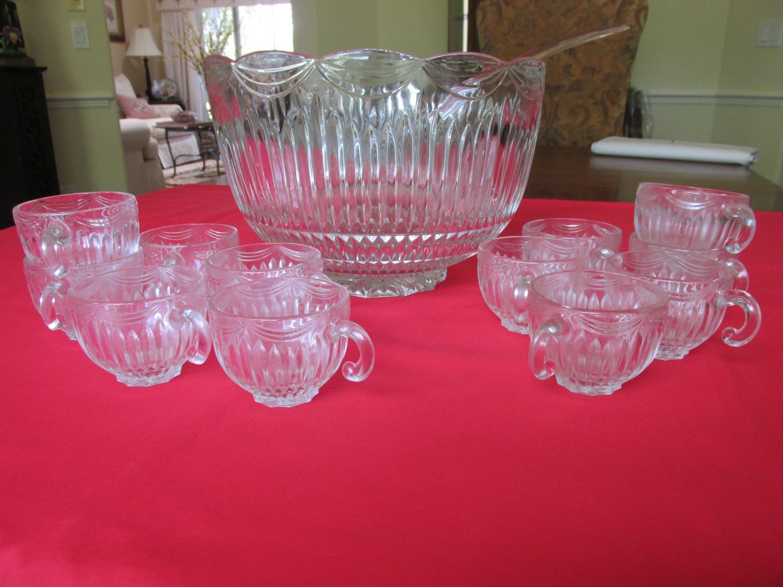 14PC Vintage 1940s Indiana Glass ROYAL Vertical & Swag Art Deco Punch Bowl Set