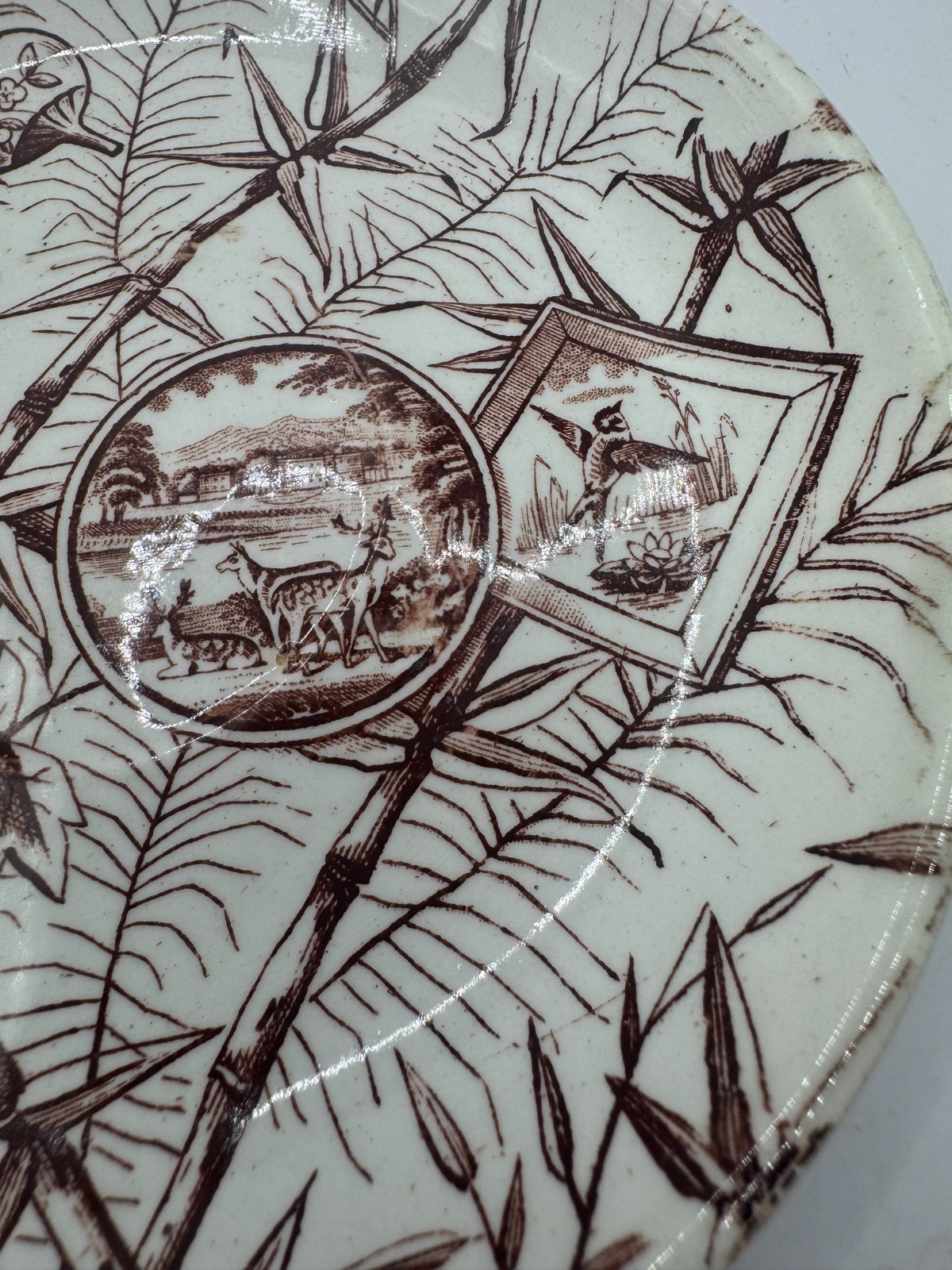 Antique JH Davis Chatsworth Transferware Brown Bamboo Pastoral Deer Bird Saucer