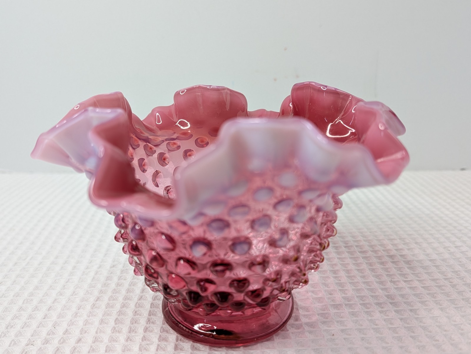 Fenton Cranberry Opalescent Candy Bowl Dish Hobnail Ruffled Vtg Snap Ring Marks