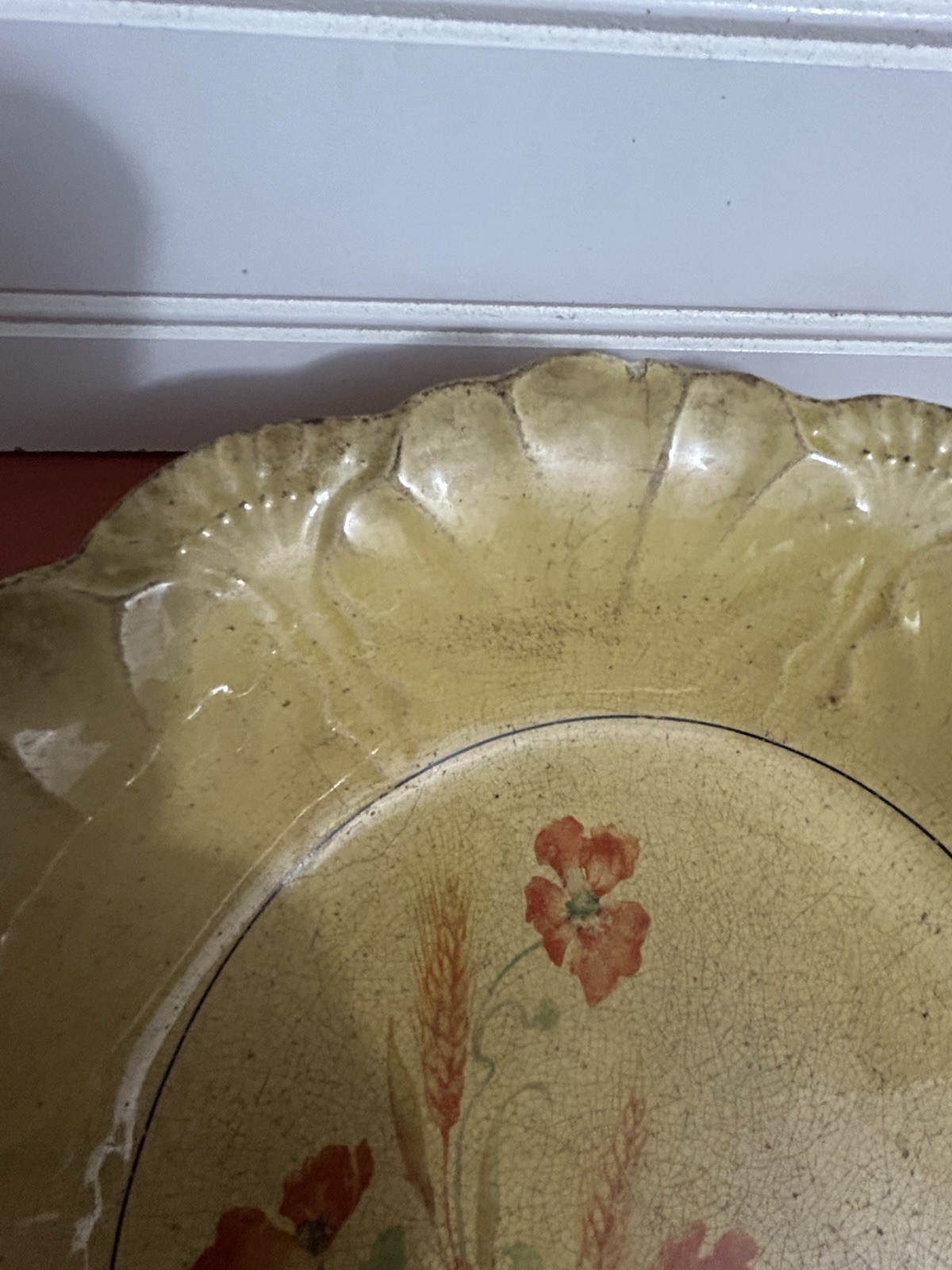 Antique Vintage Serving BOWL Heavily Stained & Crazed Toasty Floral Queen Wheat