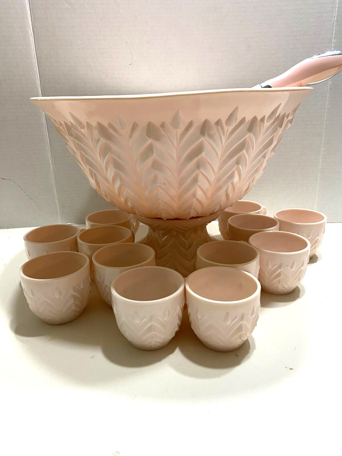 Jeannette Shell Pink Milk Glass Punch Bowl Set with Base and 12 cups Vtg 1950’s