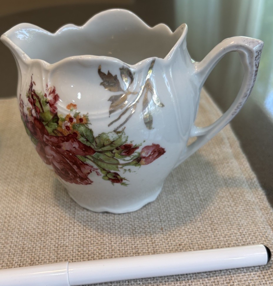 RS Prussia Hand Painted Porcelain Creamer, Butter Dish + Lid & Bud Vase Floral