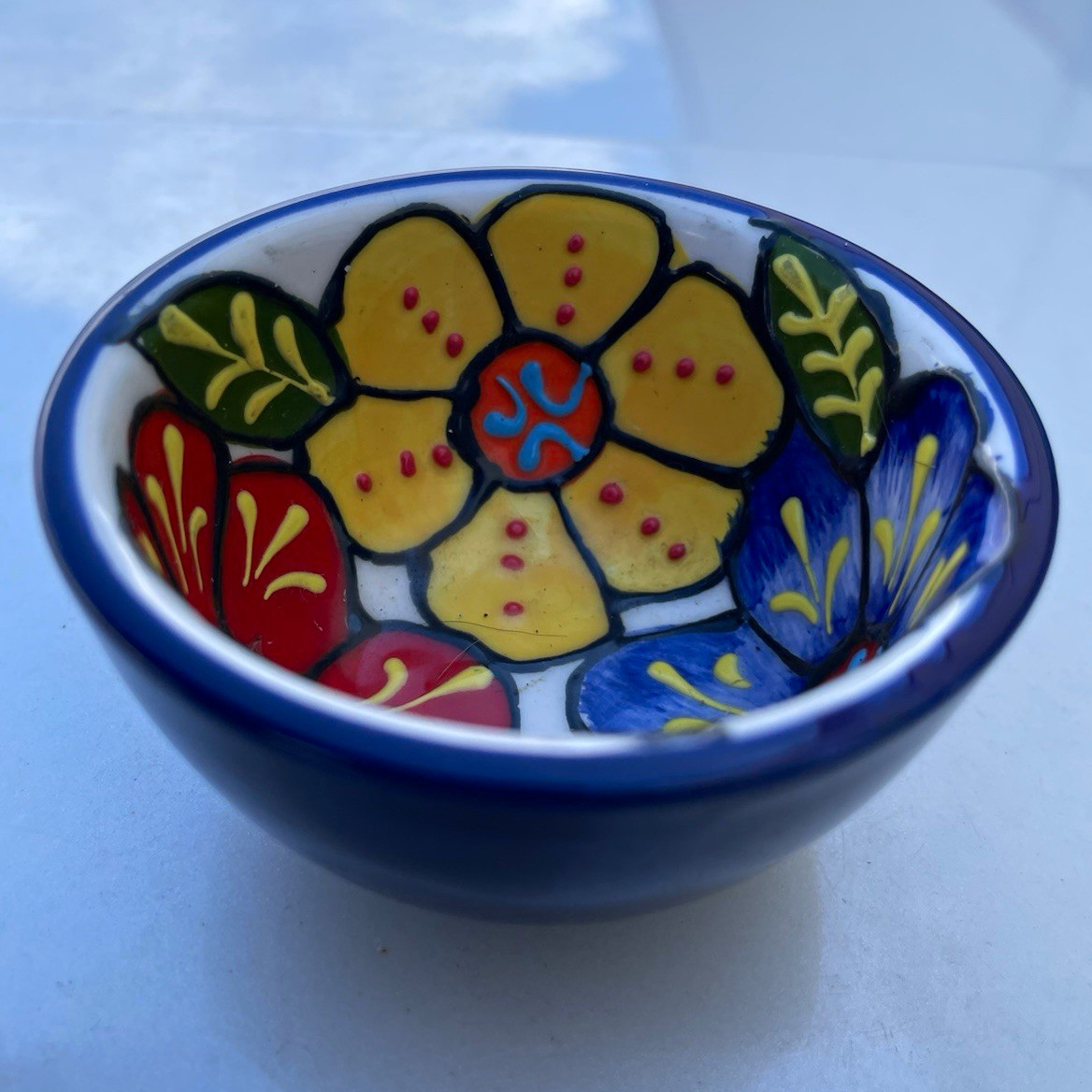 Del Rio Salado Hand Painted Floral Ceramic Bowl, Blue Multicolor, Round Glossy
