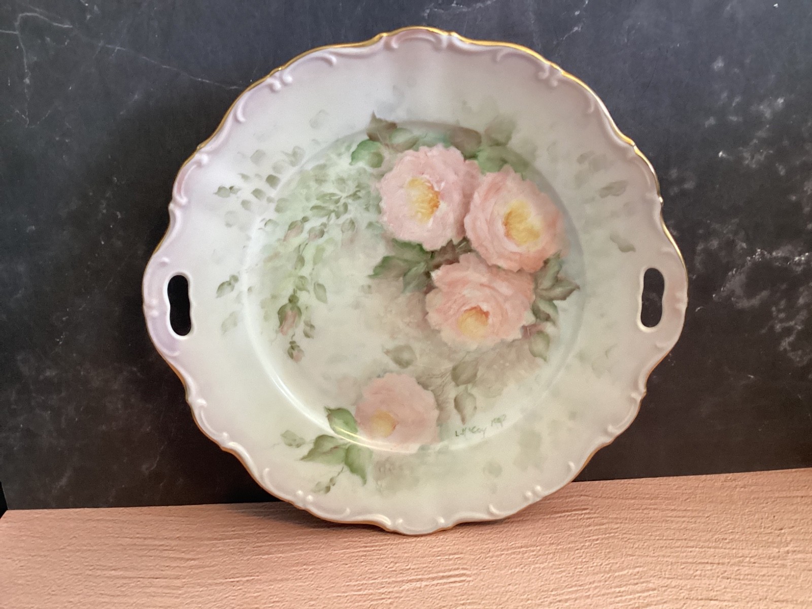 Weiden Bavaria Cutout Handle Pink Rose Plate hand painted 10.5”, 1992