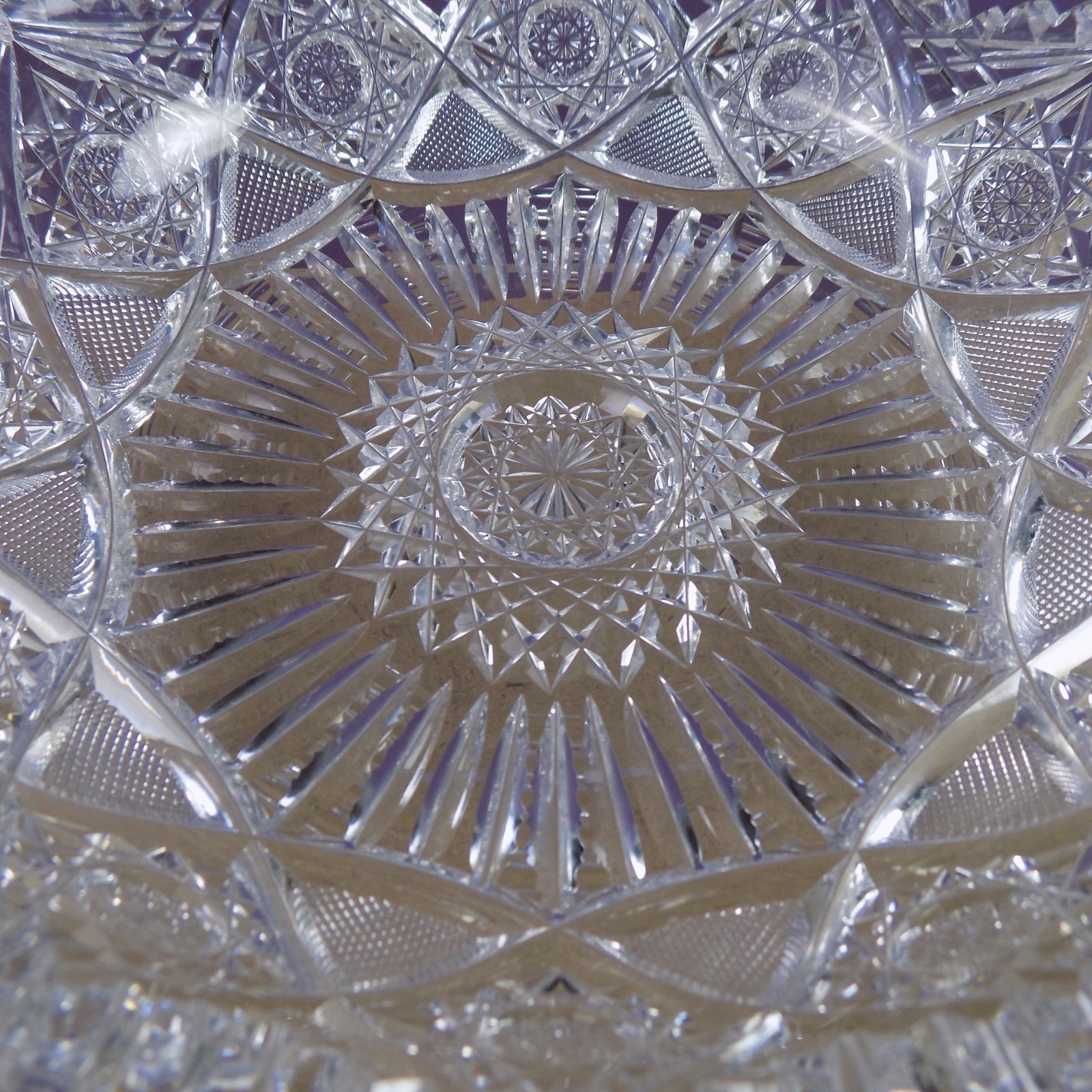 Antique American Brilliant Cut Glass Low Bowl 8″x2″ VGC Hobstar Sunburst