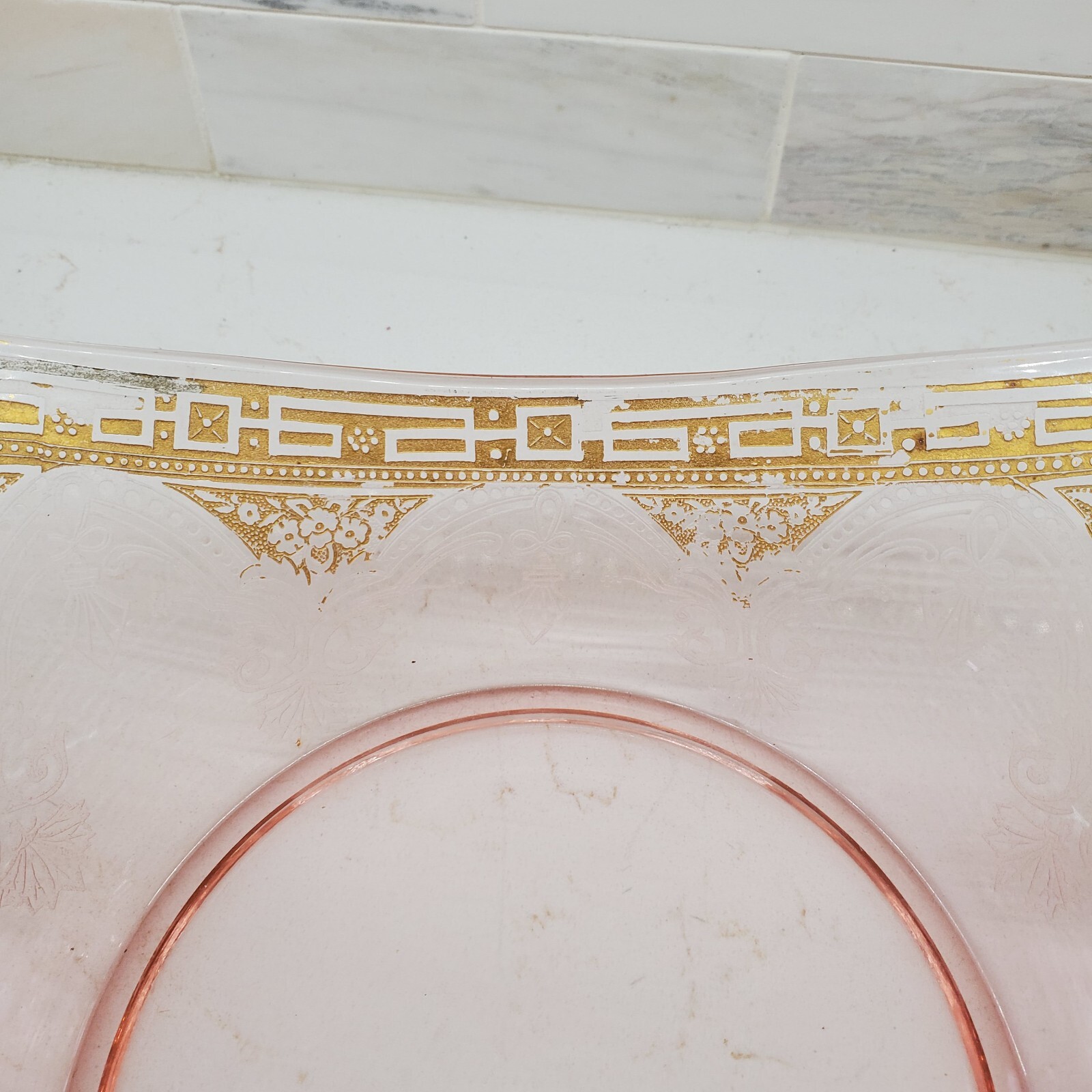 Elegant Pink Depression or Elegant Glass Hexagon Handled Etched Gilded Bowl