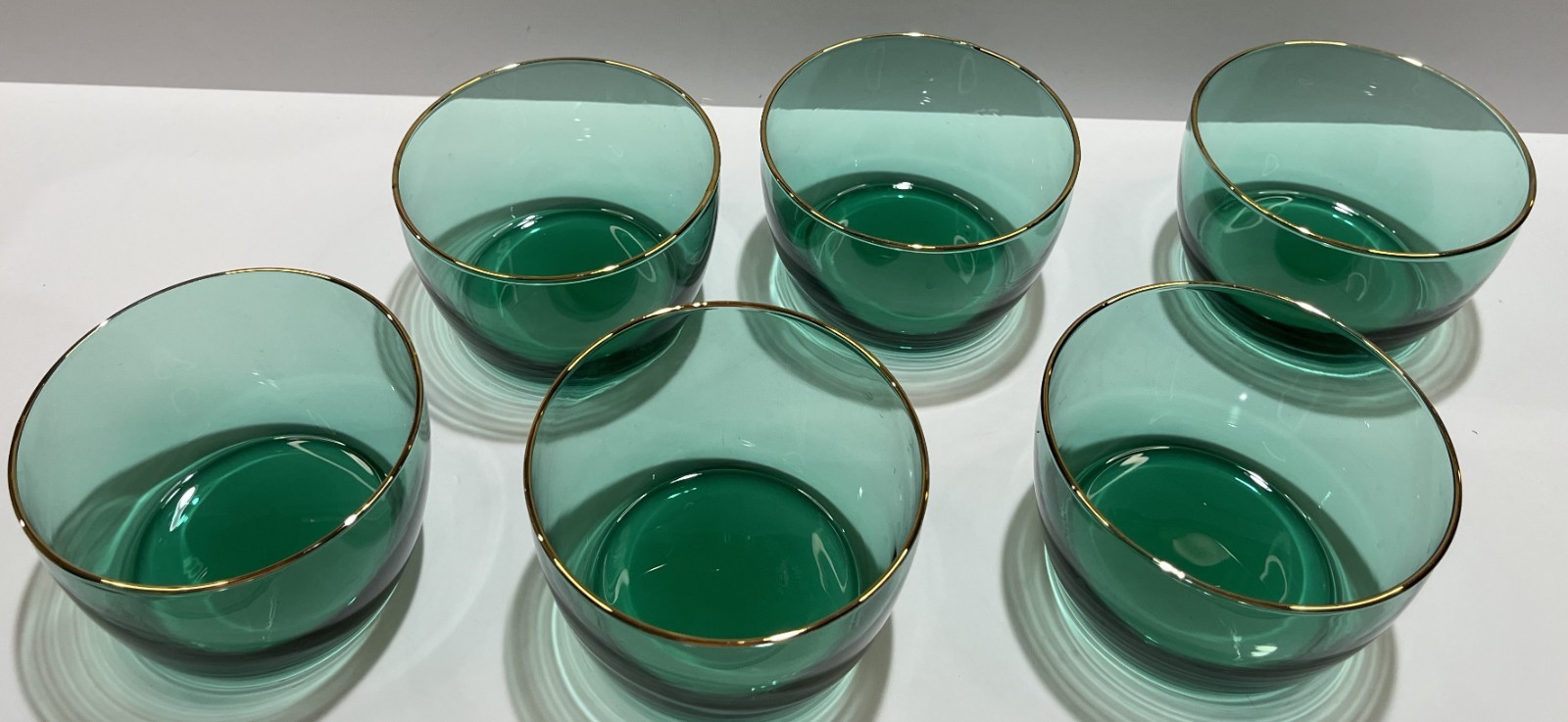Set of 6 Libbey Teardrop Juniper Green Gold Trim Fruit Dessert Bowls 4.25″