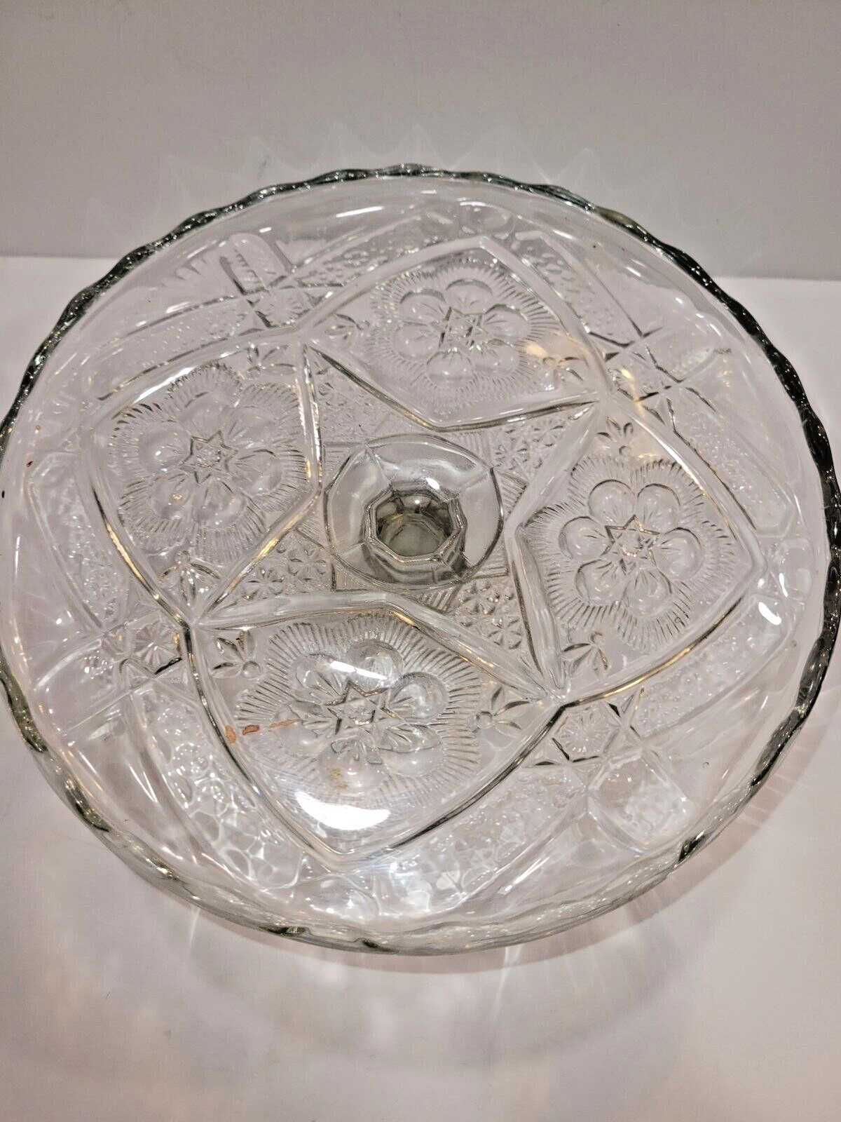 Antique Indiana Glass 1905-20 Cake Pie Pedestal Stand EAPG Rayed Flower 9.5″