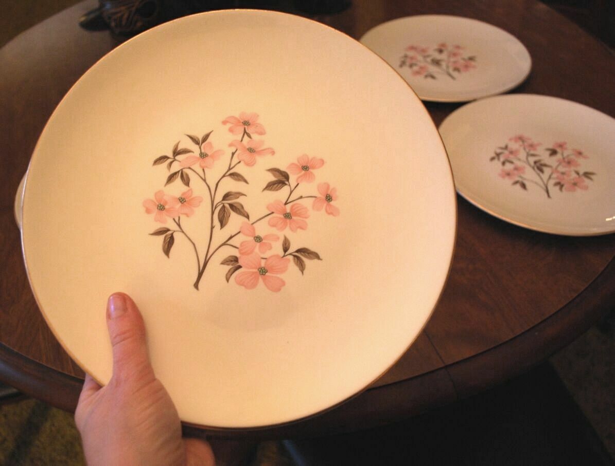 Vintage Set 6 Knowles China PINK DOGWOOD Dinner Plates Gold Rim ‘Kalla’ 1960s