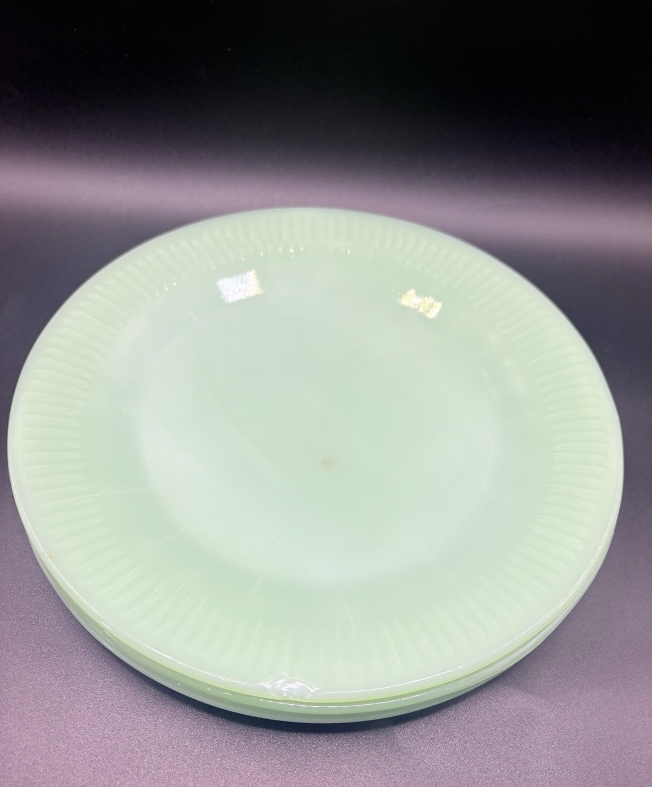 4 Fire King Jadeite Jane Ray Salad Plates 8” Mixed Marks 1 Chipped Vintage