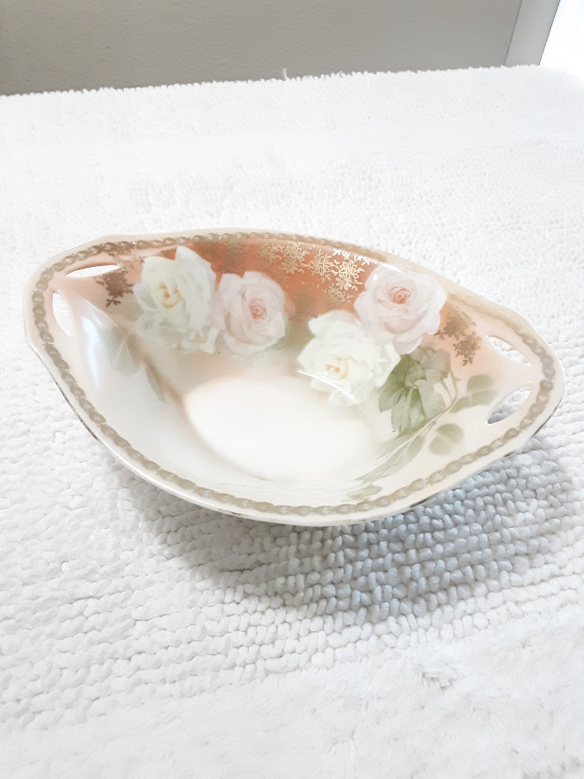 RS Tillowitz Silesia Bowl Oval Footed Pale Peach Orange white Pink Roses 8″