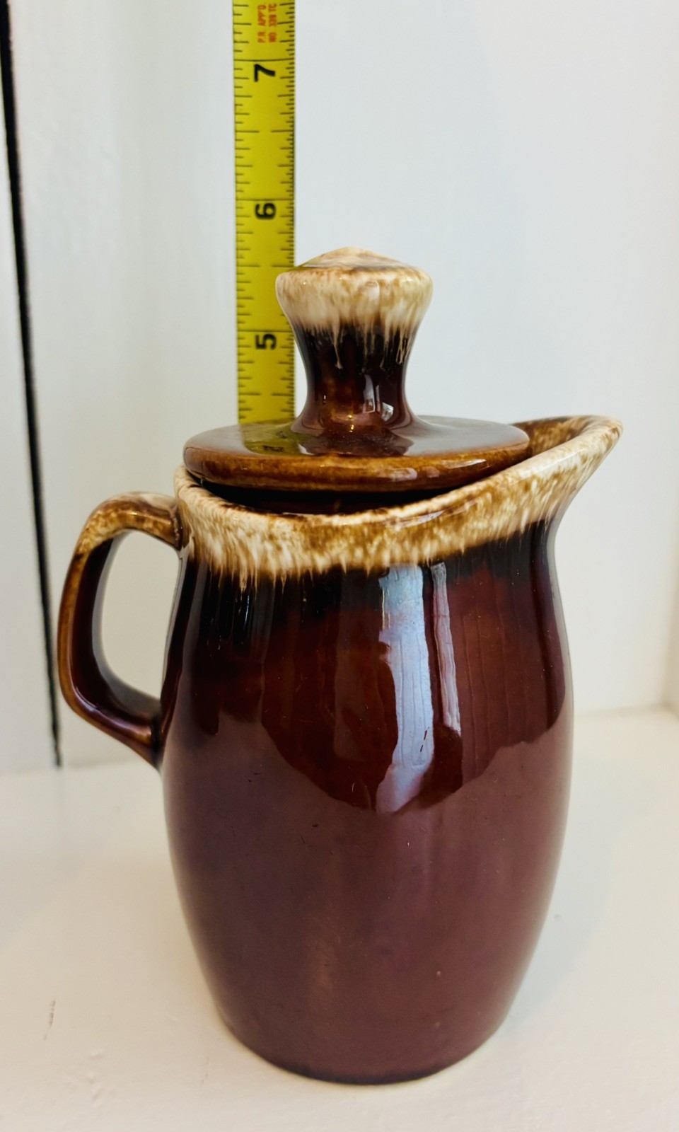 Hull Brown Drip Glaze Ceramic Pottery Pitcher w/ Lid, 5.5” Mid-Century