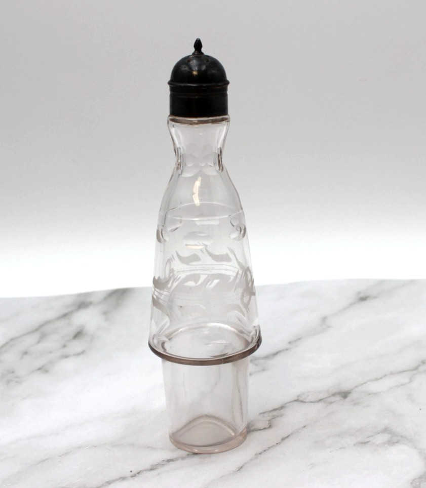 Condiment Cruet Victorian Era Etched Glass Bottle with Metal Top