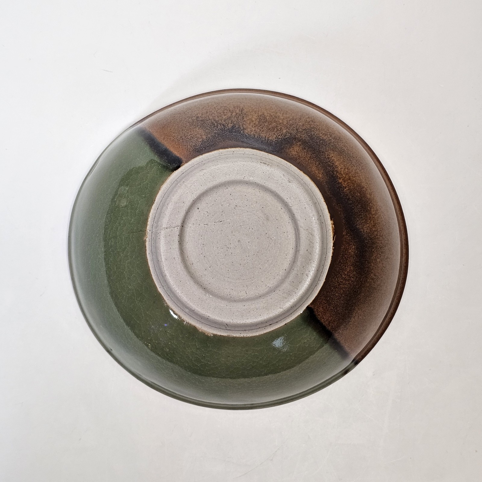 Studio Art Pottery Golden Green & Brown Drip Crackle Glaze Ceramic Bowl