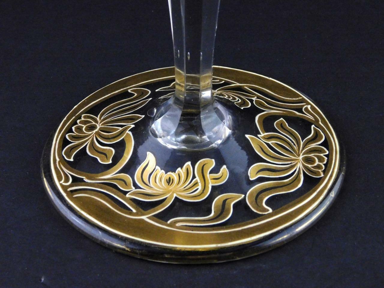 Art Glass Tall Stem Compote Dish Nouveau Floral Gold Green Clear X Mark