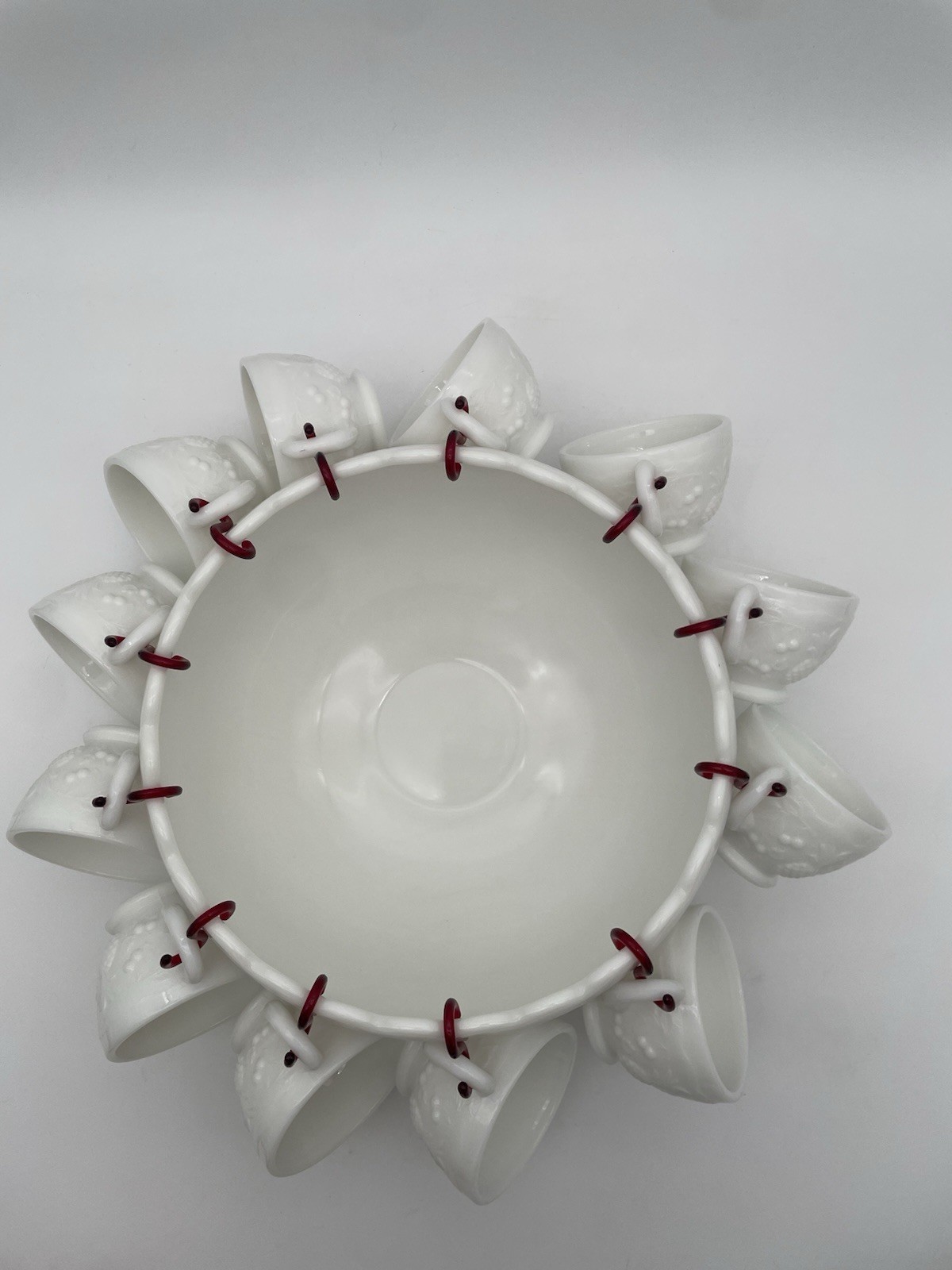 Westmoreland Milk Glass Grape Paneled Punch Bowl Set 12 Cups Hooks Pedestal