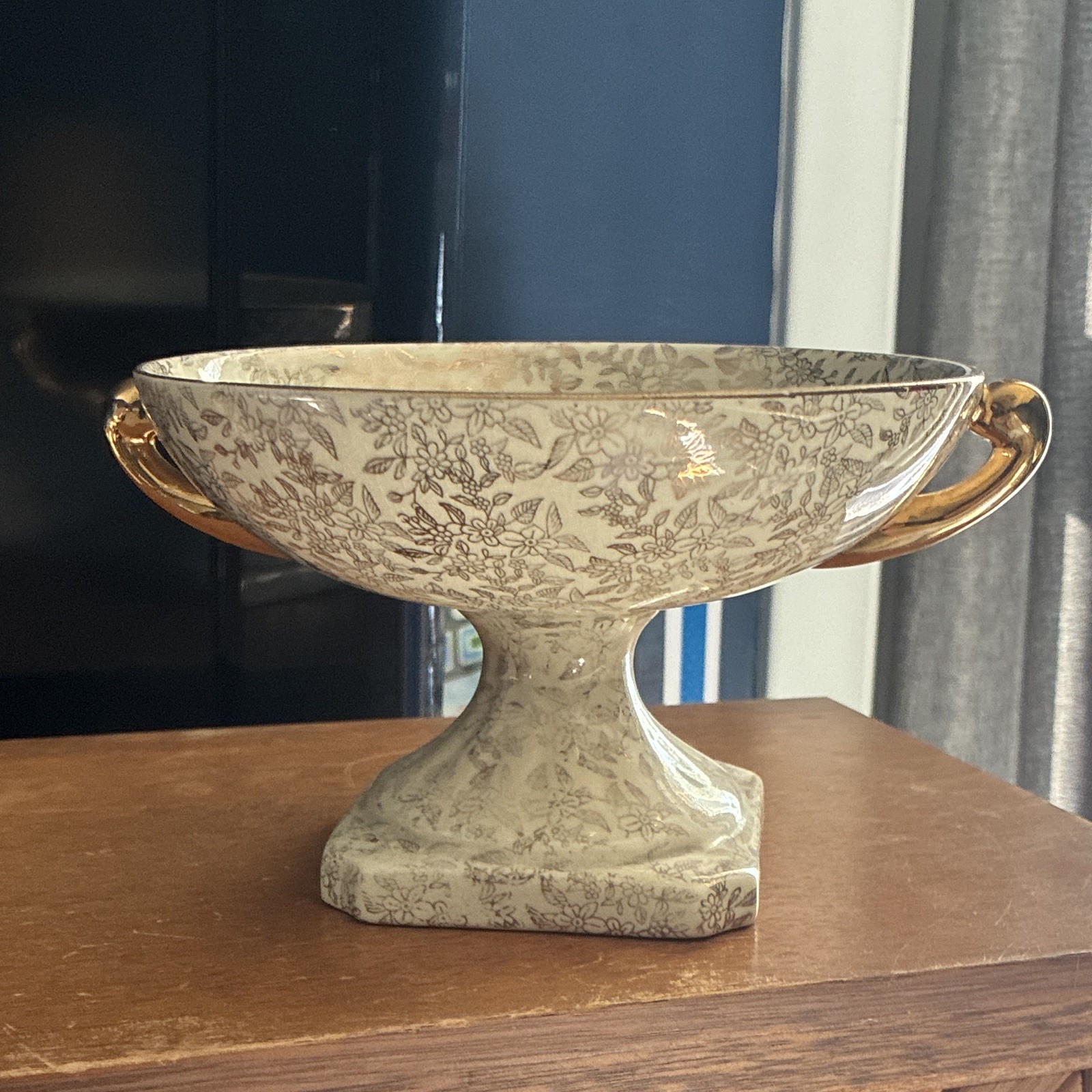 Lancaster Floral Compote & Pedestal Bowl, Gold Handles, Glossy Ceramic, England