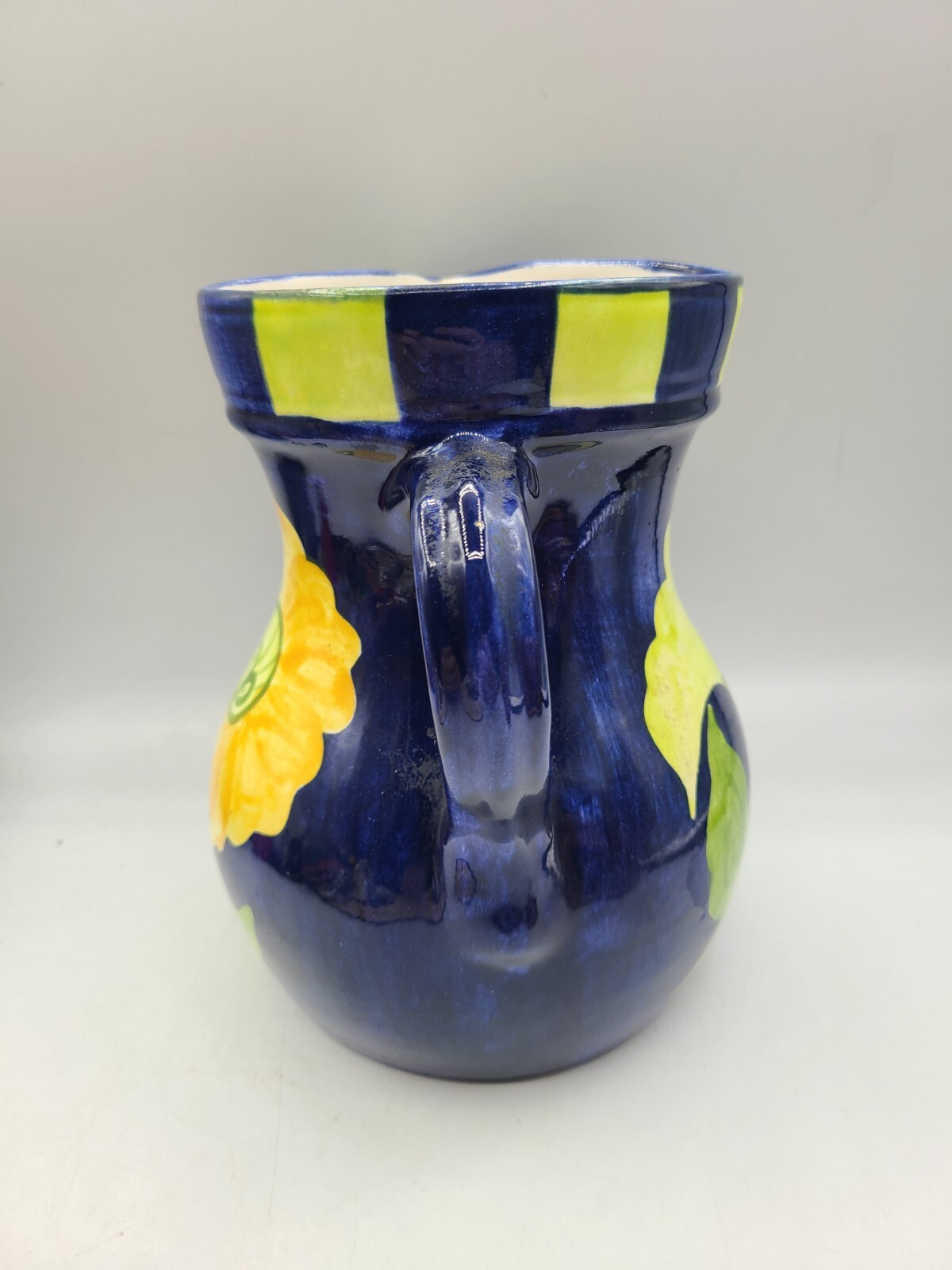 Cobalt Blue Yellow Floral Pitcher Hand Painted Laurie Gates Vintage