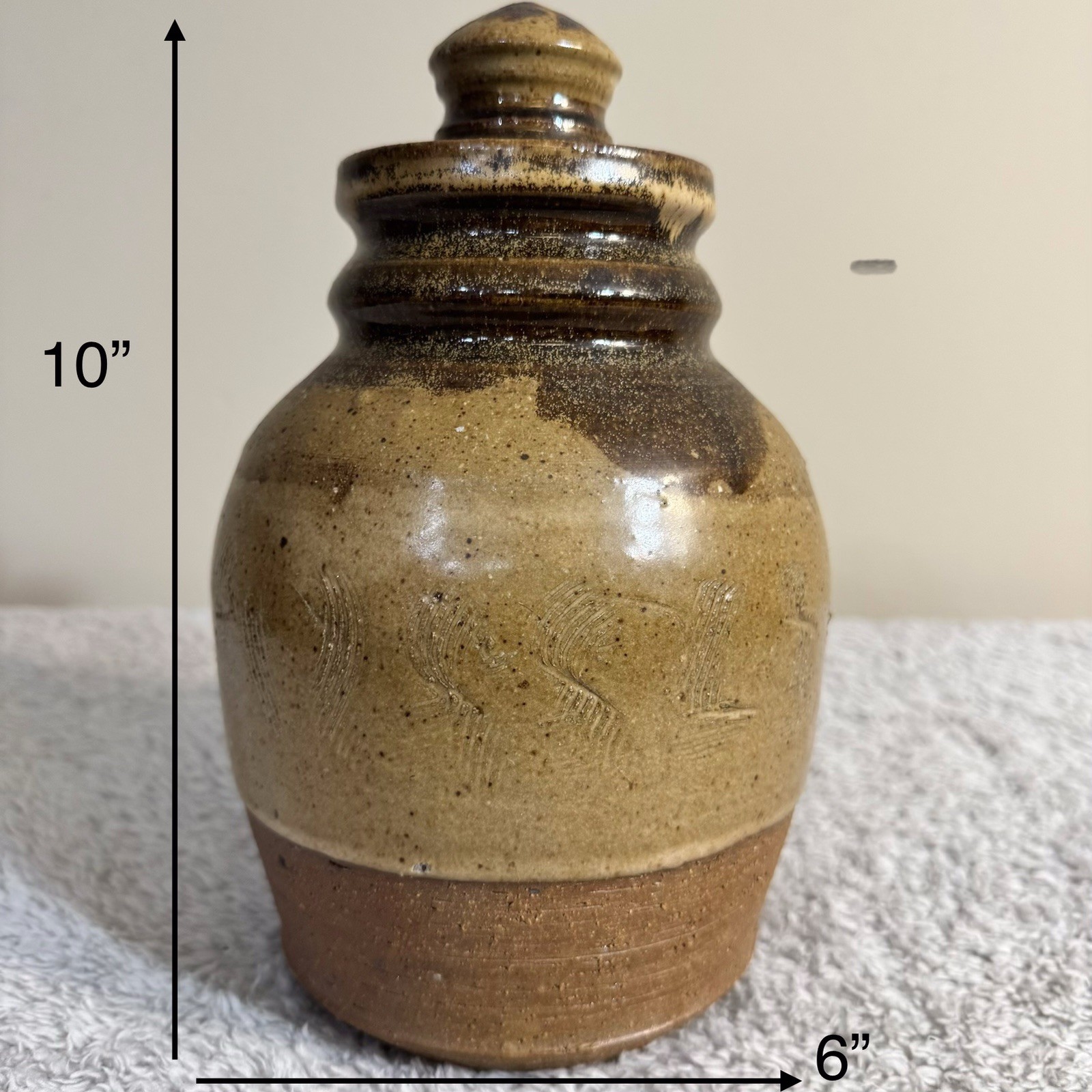 Vintage Studio Pottery Lidded Jar – Hand Thrown – Earth Tone Drip Glaze – Rustic