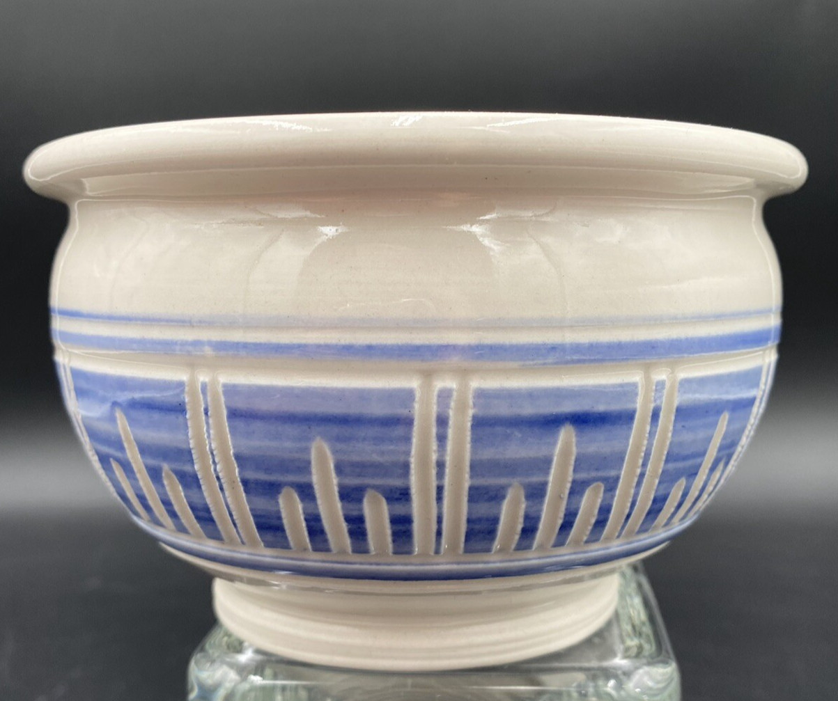 Alice Boysen Handmade Stoneware Footed Bowl, Vertical Bands on Blue, Signed