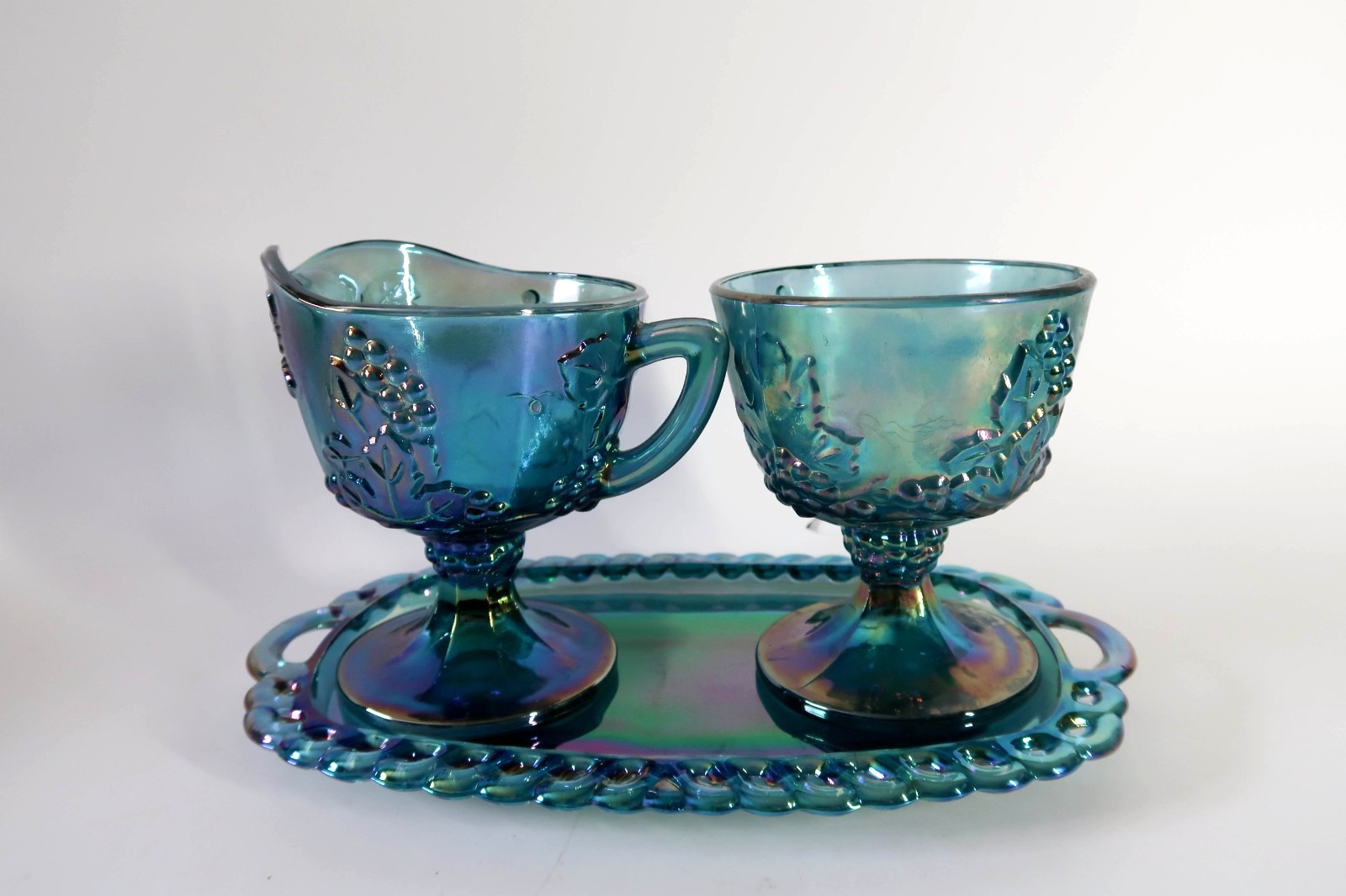 Blue Carnival Glass Grape & Cable 7-Piece Breakfast Serving Set Iridescent