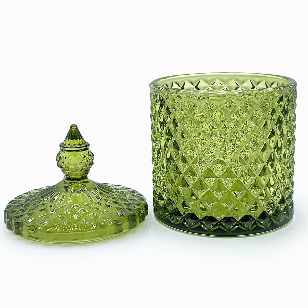 10 oz Olive Green Glass Candy Dish with Lid-Decorative Display Jar for Q-Tip …