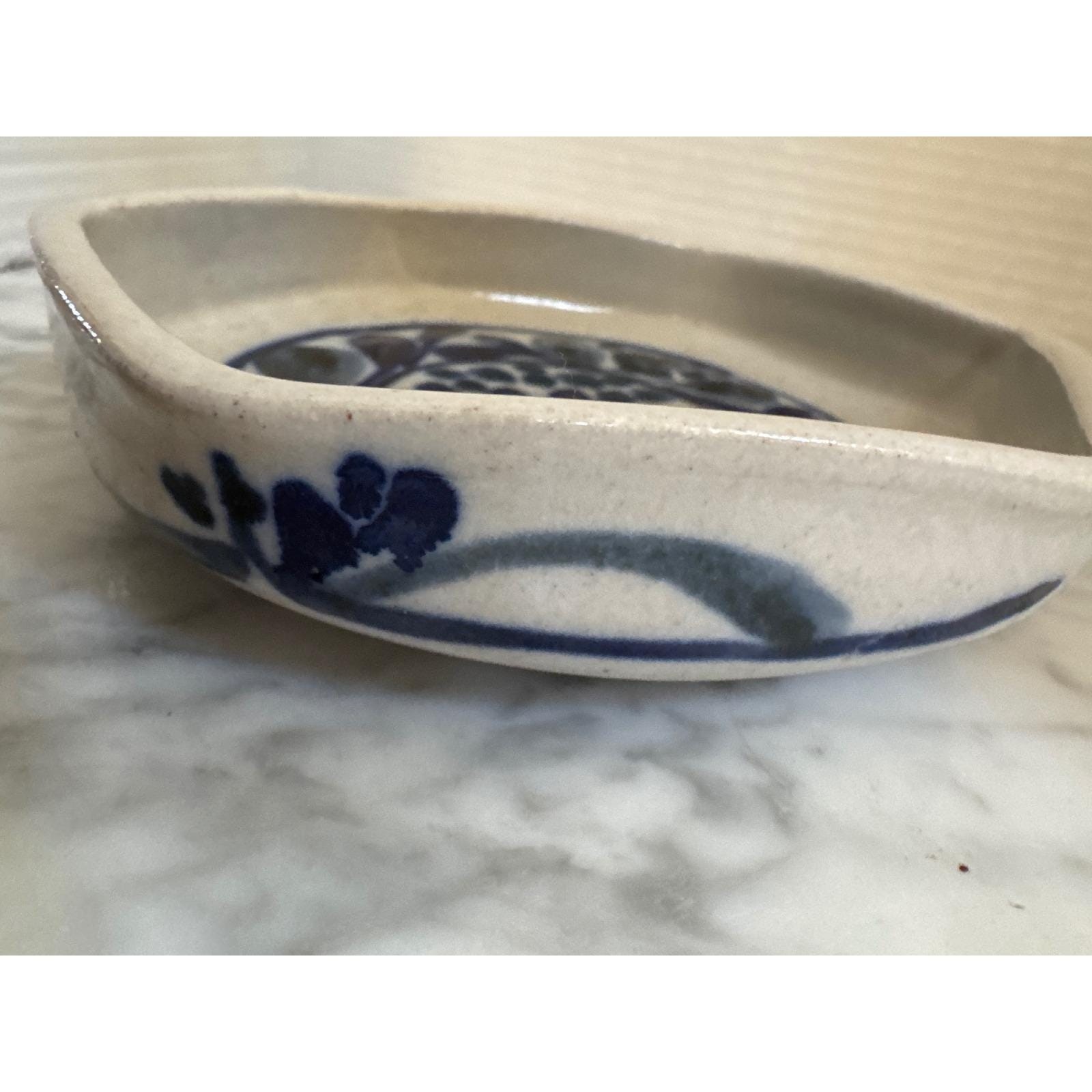 John Fassbinder Signed Studio Pottery Hexagon Floral Stoneware Dish Blue Cream