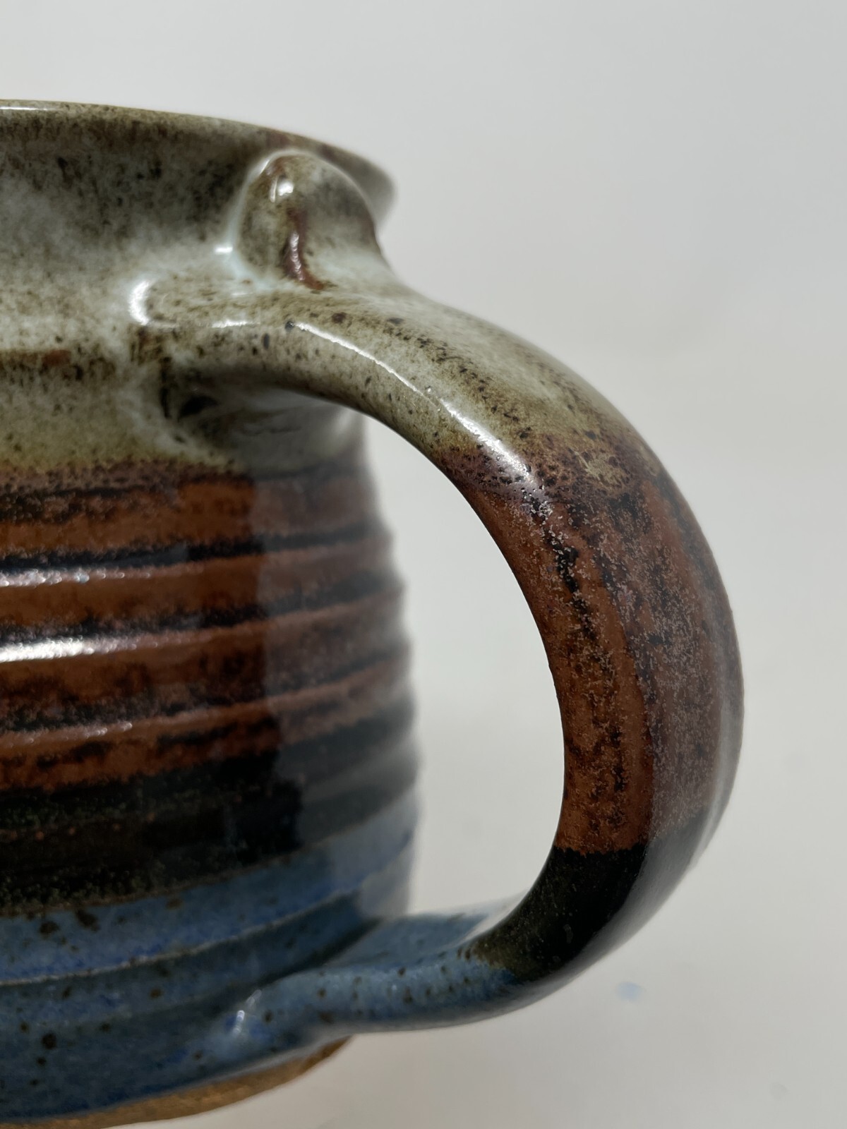 Studio Art Pottery Stoneware Creamer Pitcher Blue Brown Marked Rustic 4.5in