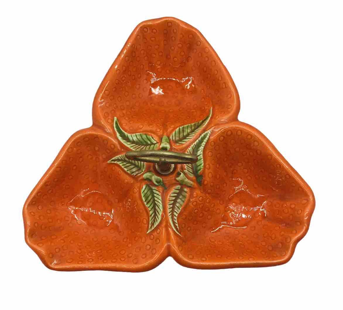 Vintage California Pottery 717 Orange Divided/3 Relish Nut Candy Dish Server MCM