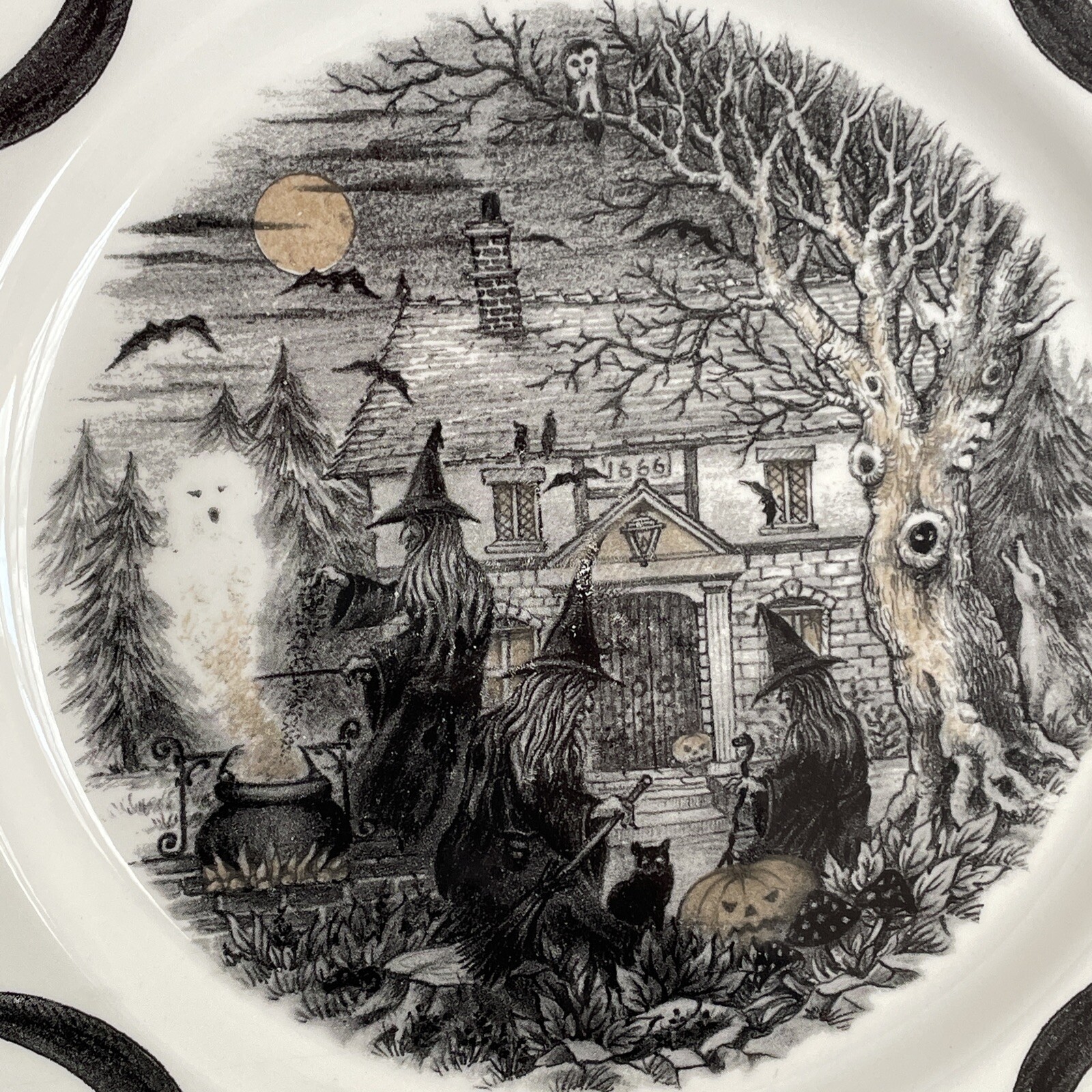 Royal Stafford Halloween Wicked Witches Coven Spell Cat Dinner Plates set 4 RARE