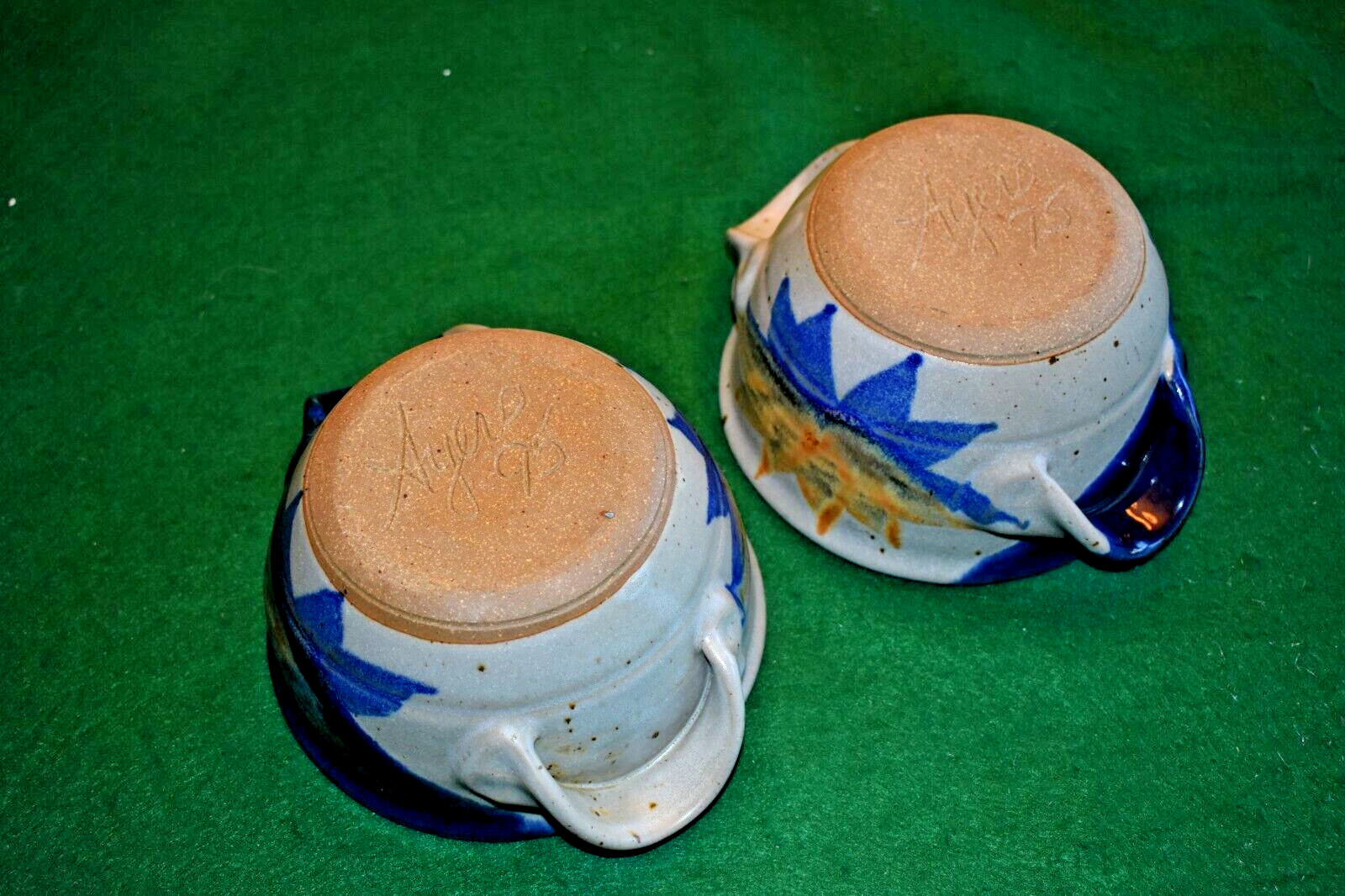 Hand Made Studio Art Pottery Earthenware ~ Bowls ~ Blue Tan Gray