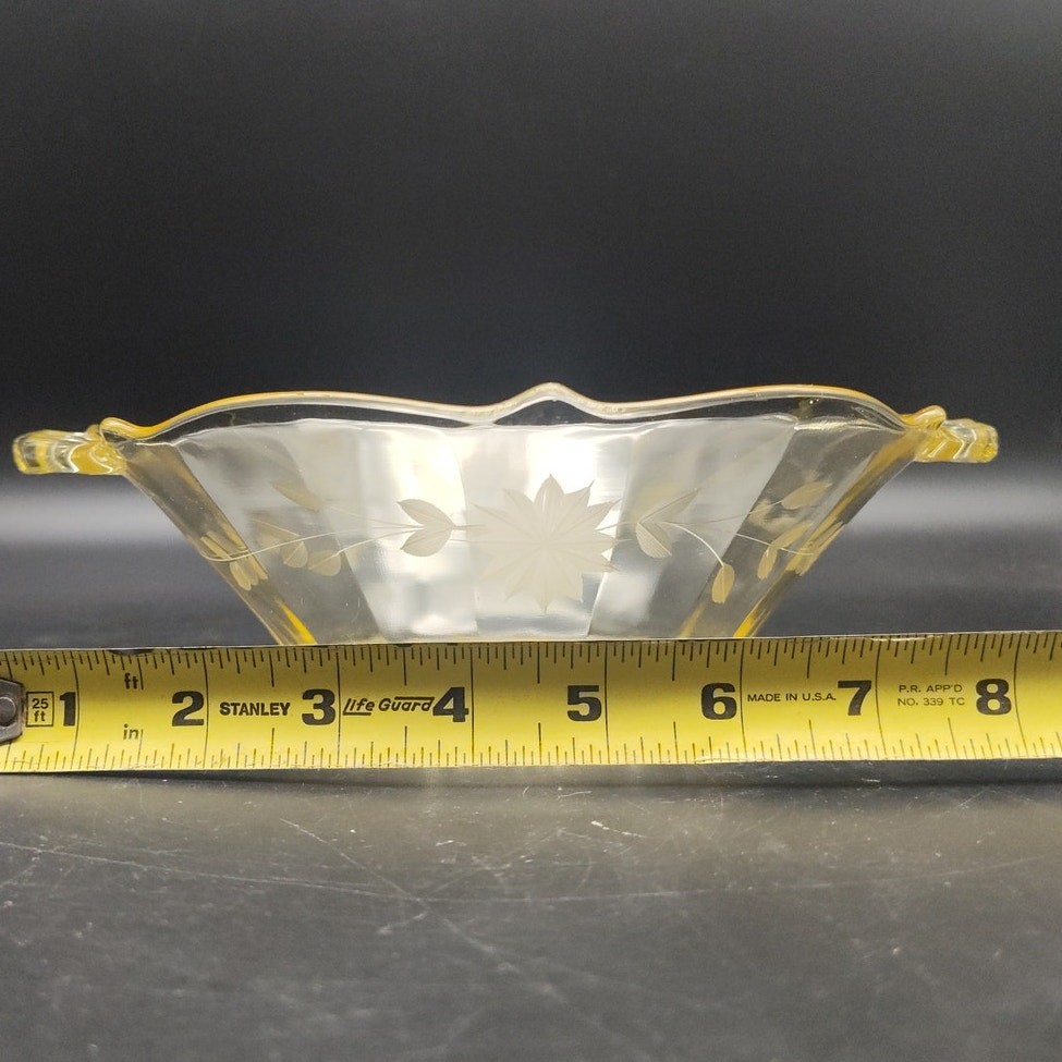 Vintage Etched Glass Serving Bowl w Handles Floral Star Pattern