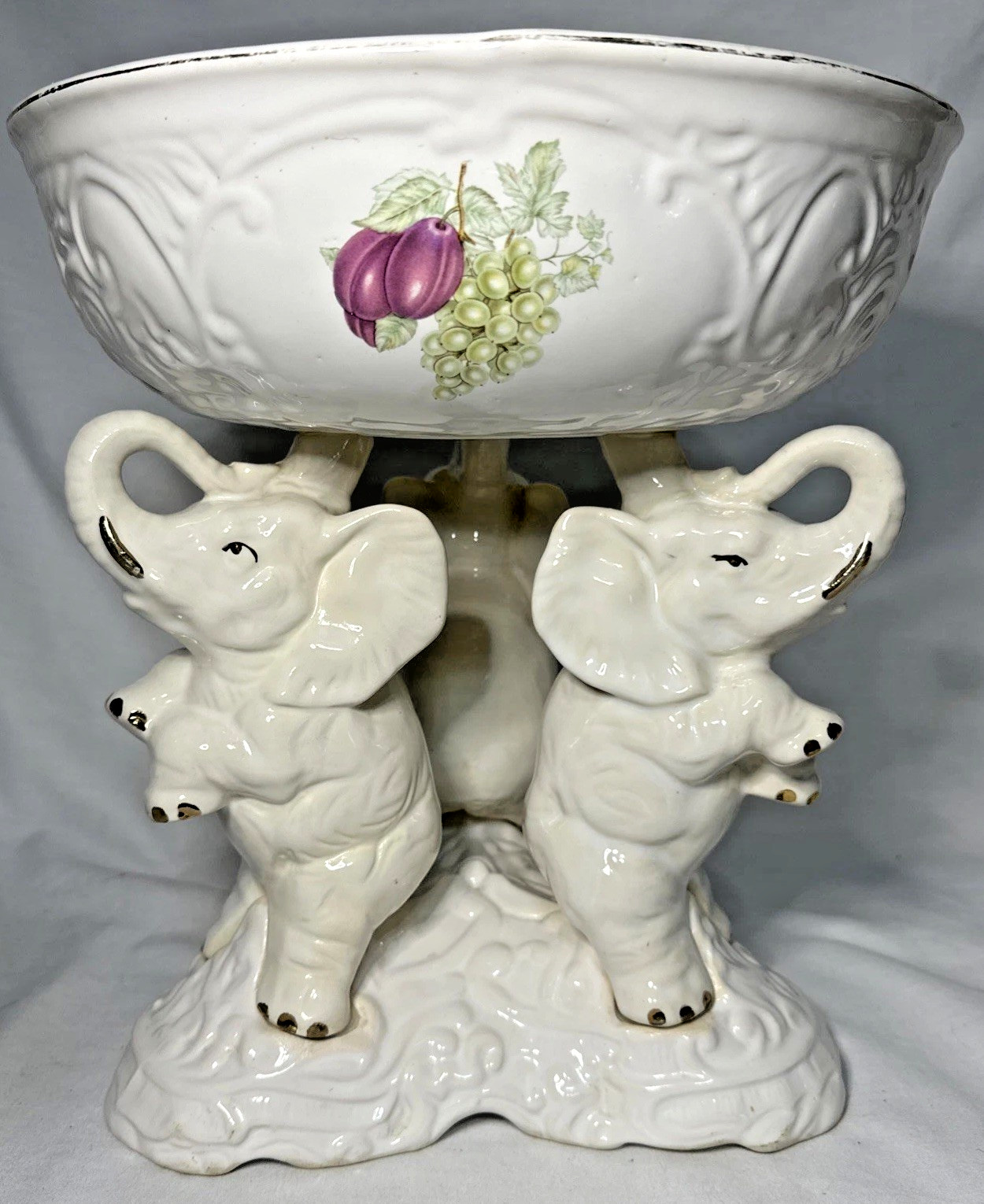 Elephant Pedestal Bowl Ceramichrome 1977 Trunk Up Ceramic 12″ Tall/11″ Diameter
