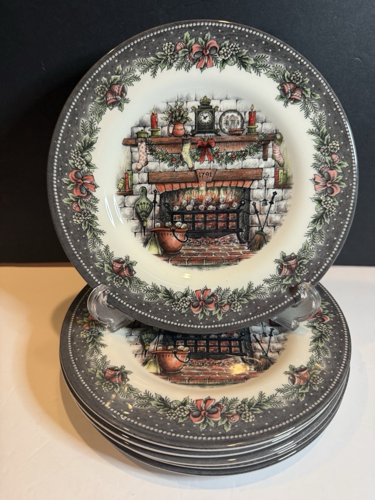 Royal Stafford Christmas 1791 Fireplace Salad Plates 8.25” England Set of 6