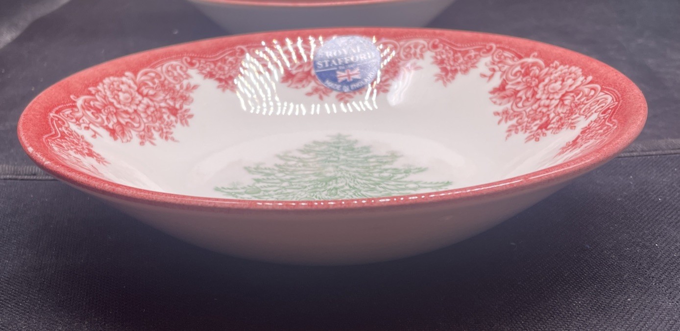 4pc Royal Stafford GREEN CHRISTMAS TREE Porcelain 7 7/8″ Coupe Soup Bowls NEW