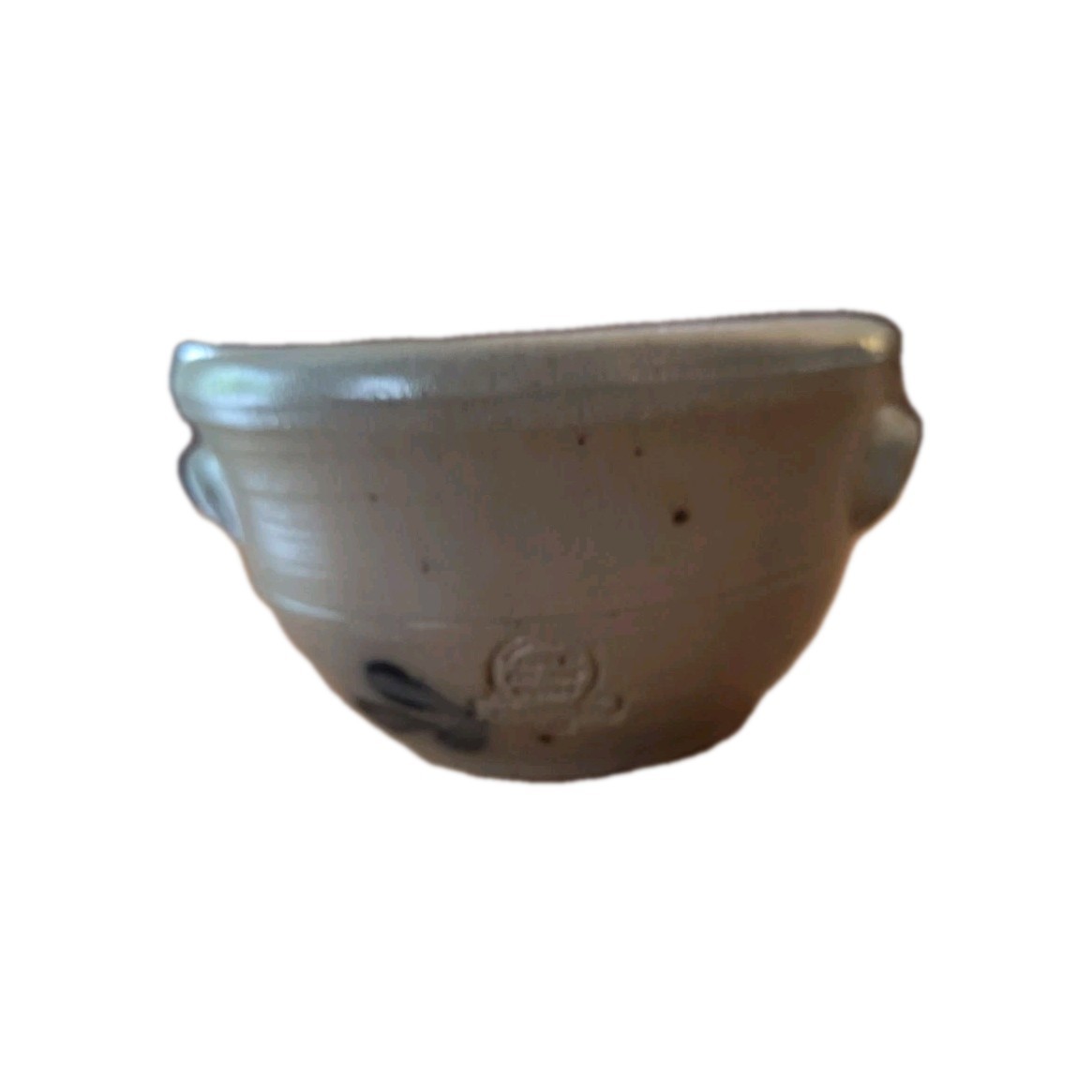 Rowe Pottery Works 1988 Handled Bowl, Blue Heart Salt Glazed 5″ Rim X 2.75 H