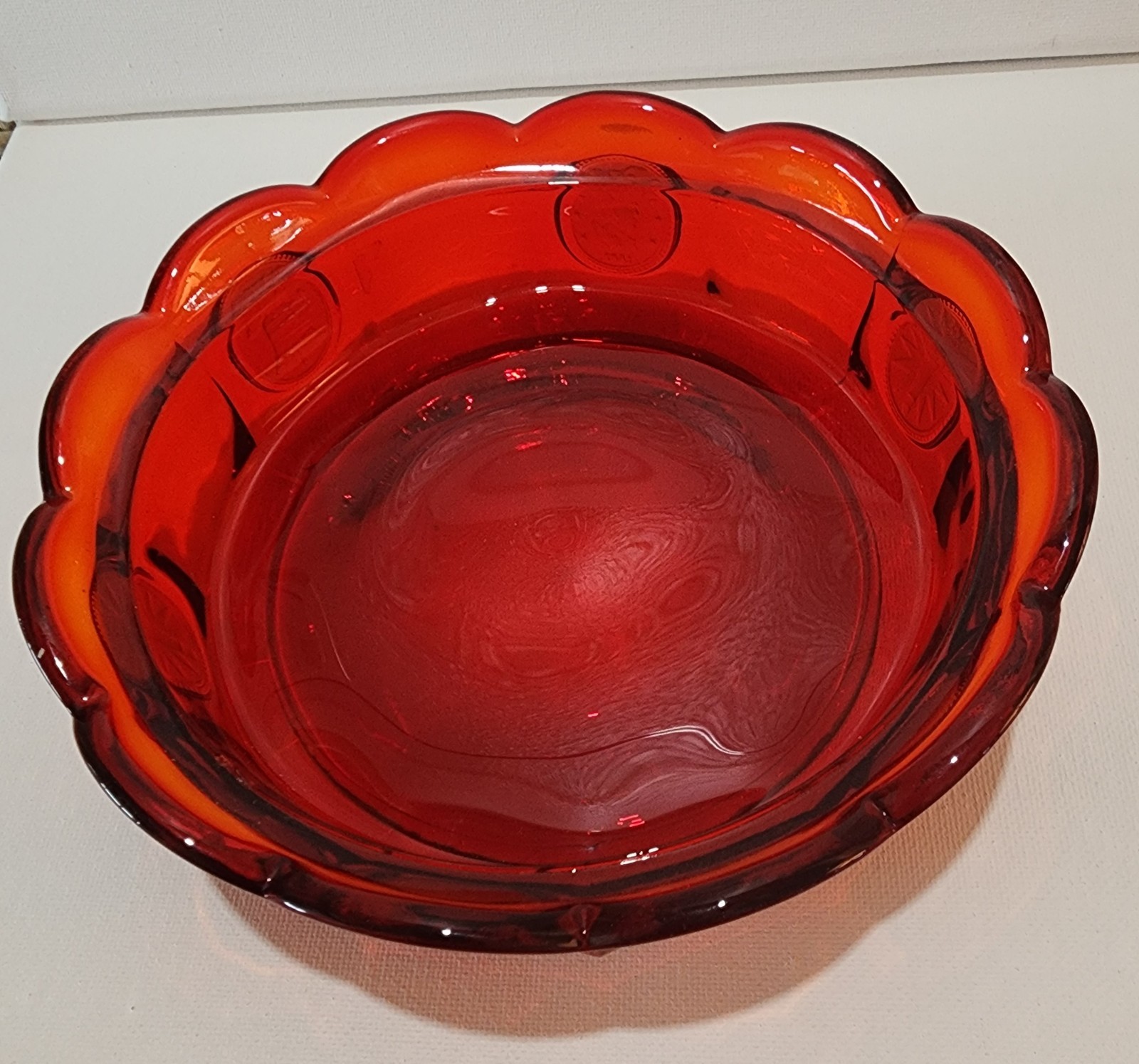 Vtg.Fostoria Coin Glass Ruby Red Covered Candy Dish w/Liberty Emblems 6.5Wx4.25H