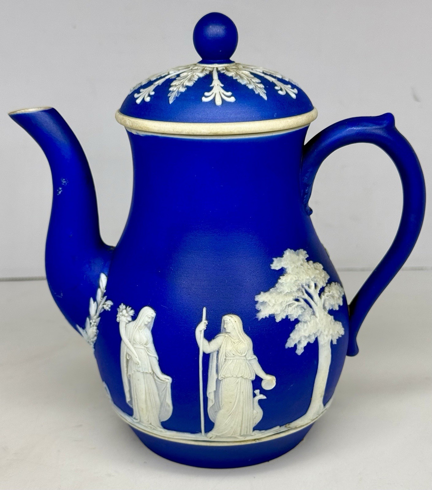 Antique 1880 Wedgwood Cobalt Blue Jasperware Neoclassical Nymphs Scene Tea Set