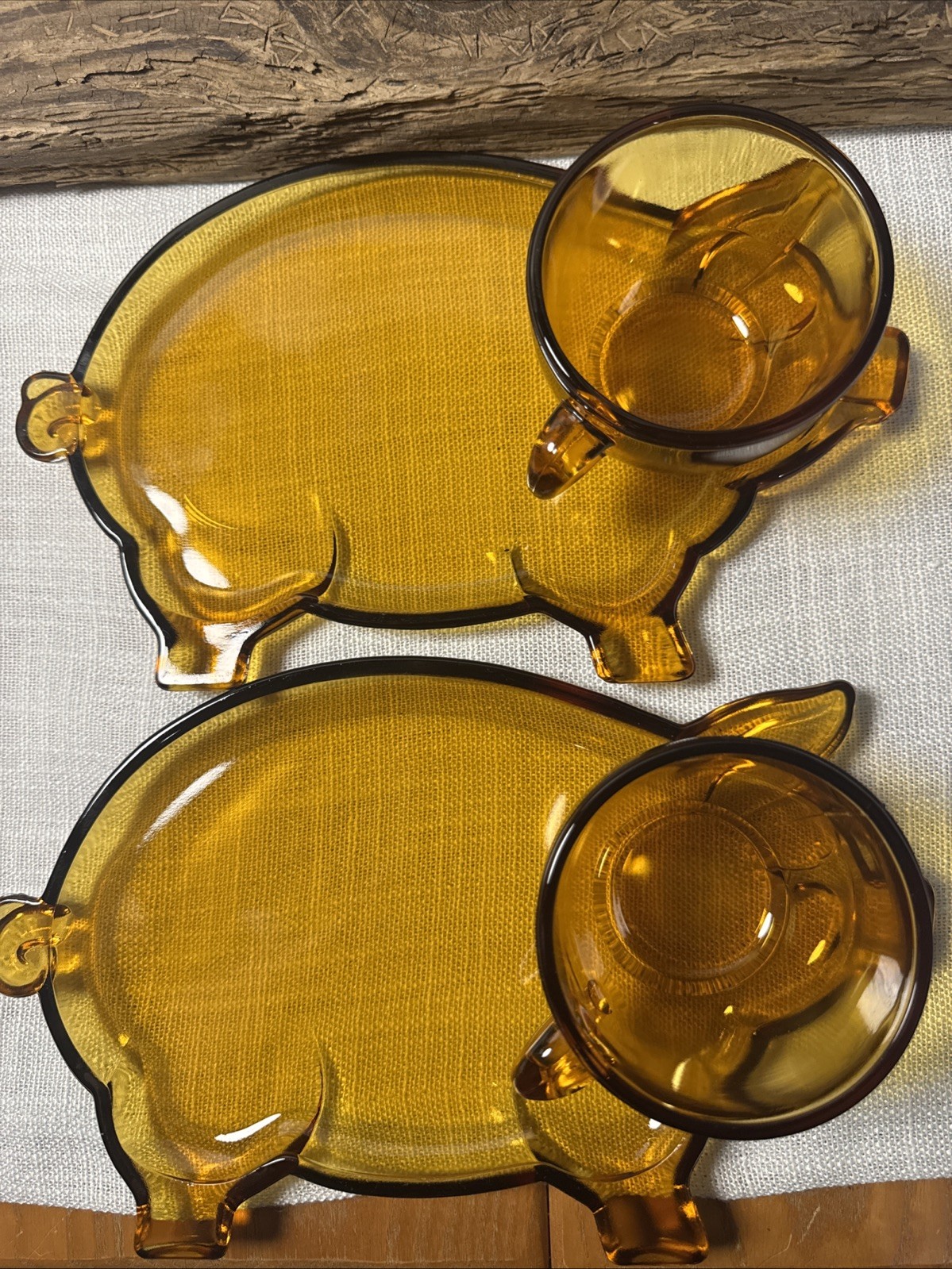 2 Set Of Vintage Amber Tiara Pig Shaped Snack Plate Cup Holder By Indiana Glass