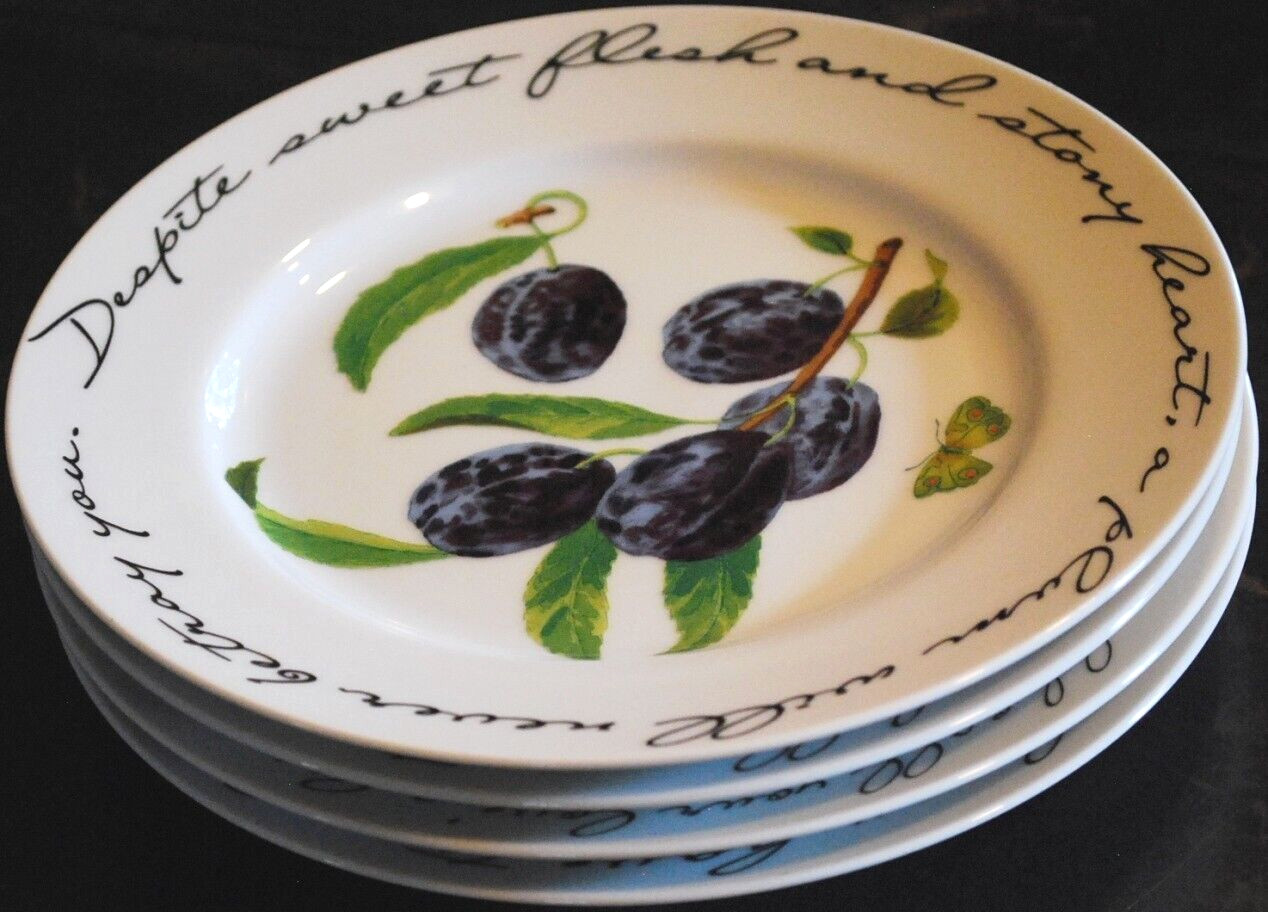 Vintage Set 4 ORCHARD SUITE Williams Sonoma Dessert Plates FRUIT/POETRY 7 7/8″