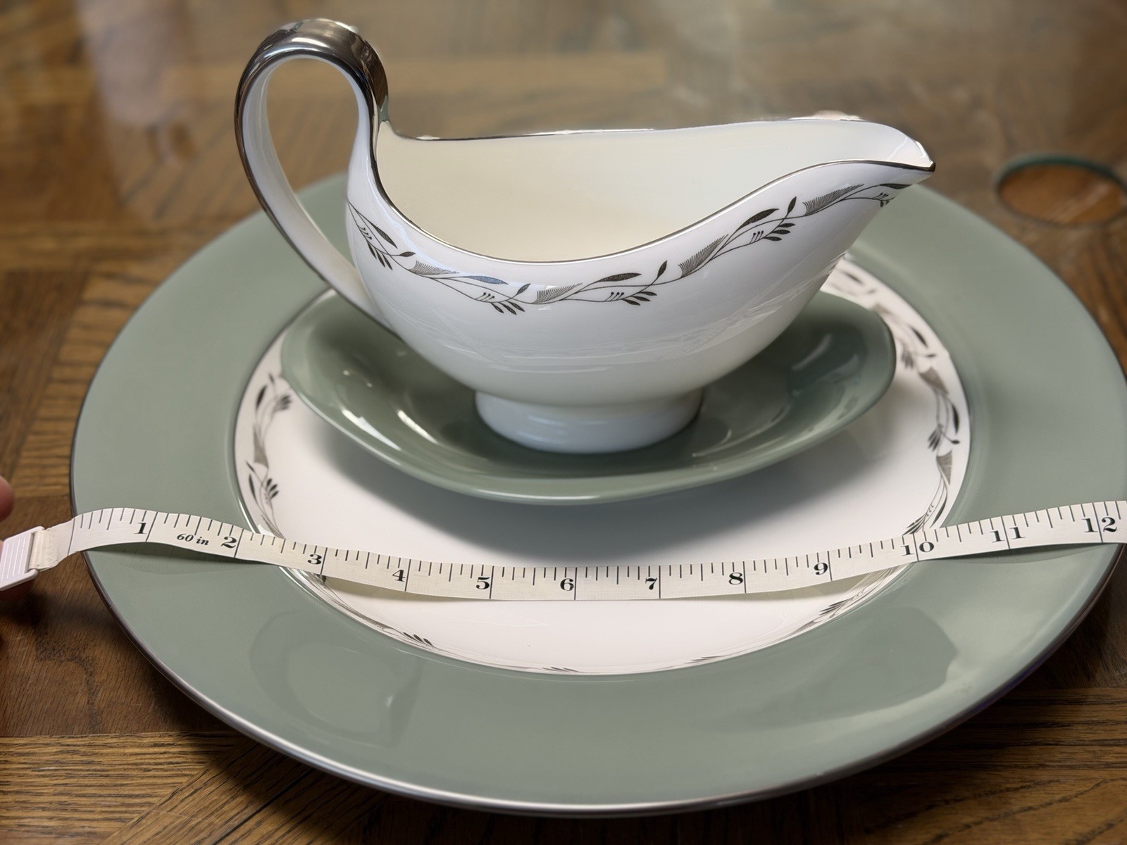 Vintage Wedgwood Bone China W4269 Green Gravy Boat with Attached Stand & Platter