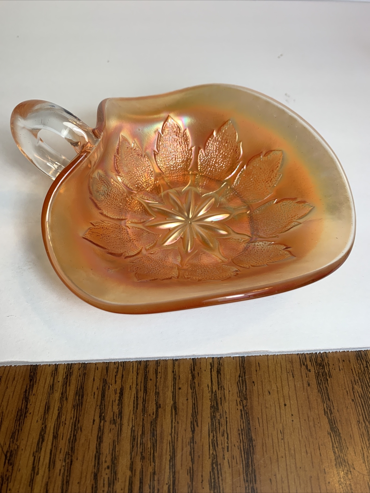 Vintage Dugan Carnival Glass Marigold Leaf Rays Triangular Iridescent Nappy Bowl
