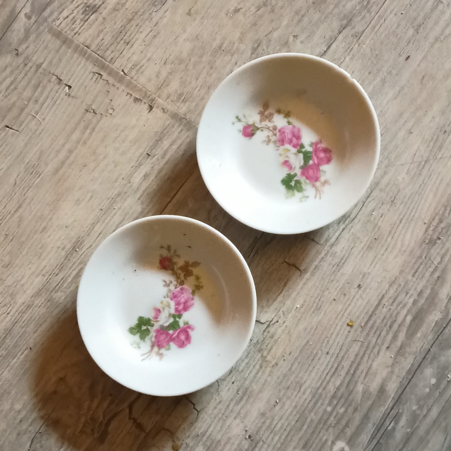 Porcelain Round Floral Bowls, White Pink Green Flower Pattern, Set of 2