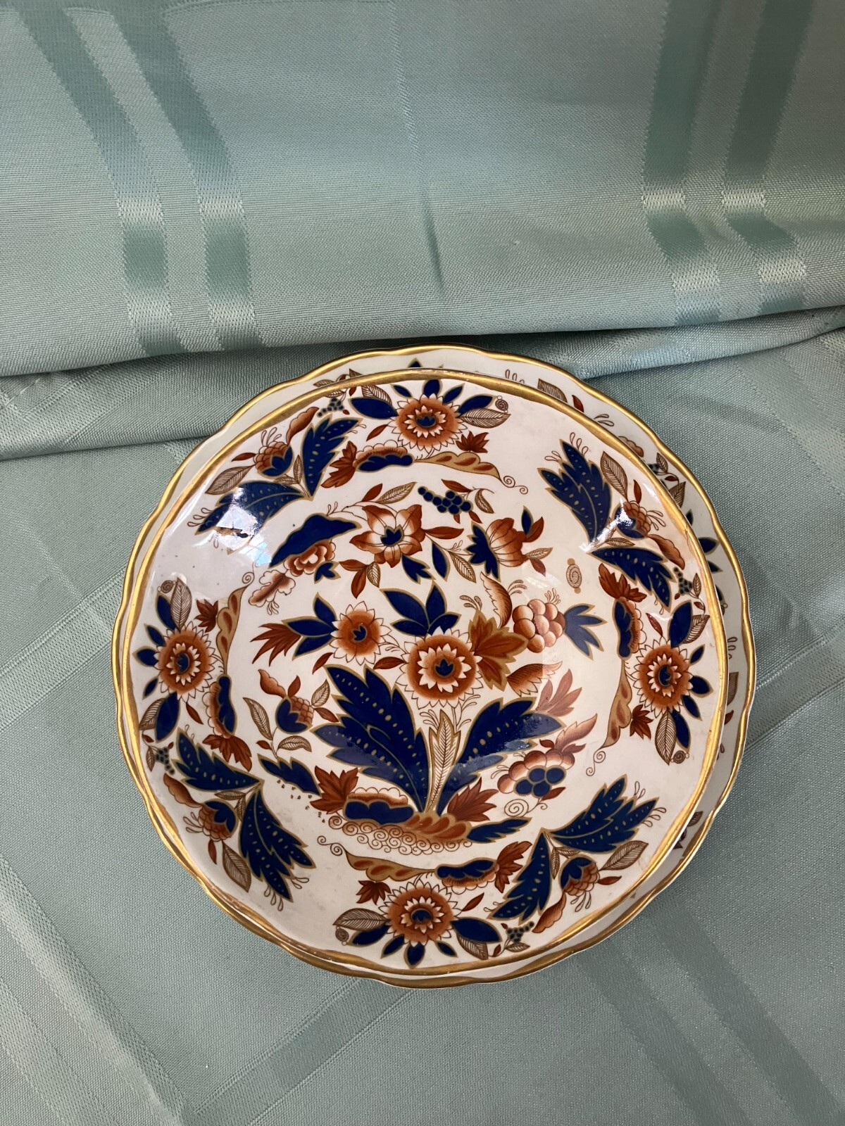 Booths Dovedale Rust & Blue Fruit/Dessert Bowl & Bread/Dessert Plate Gold Edge