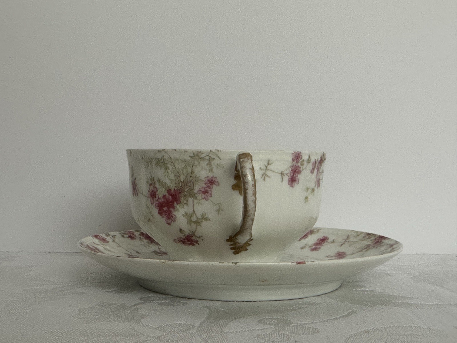 Charles Field Haviland Limoges Embossed Cups And Saucer W/Pink Floral Sprays