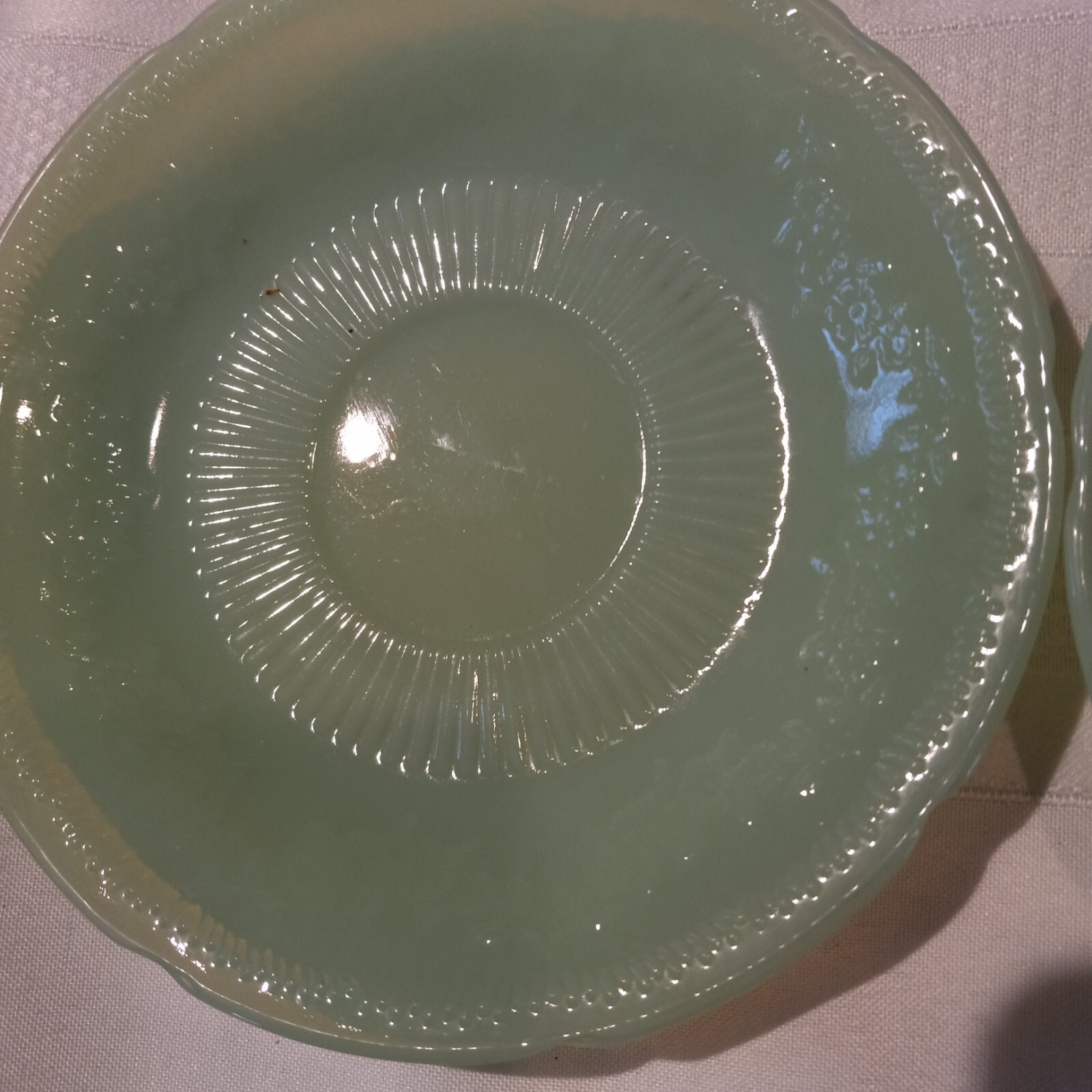 Four ALICE pattern Jadeite Anchor Hocking Saucers Nice Condition Replacecments