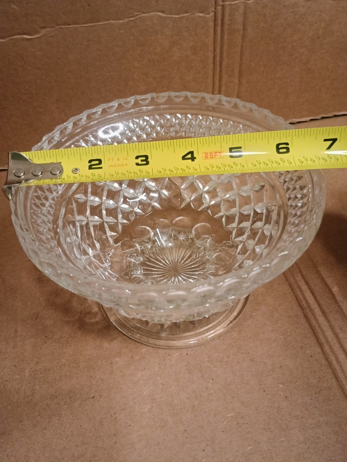 Vintage Clear Pressed Glass Footed Pedestal Bowl Diamond Starburst 6.5