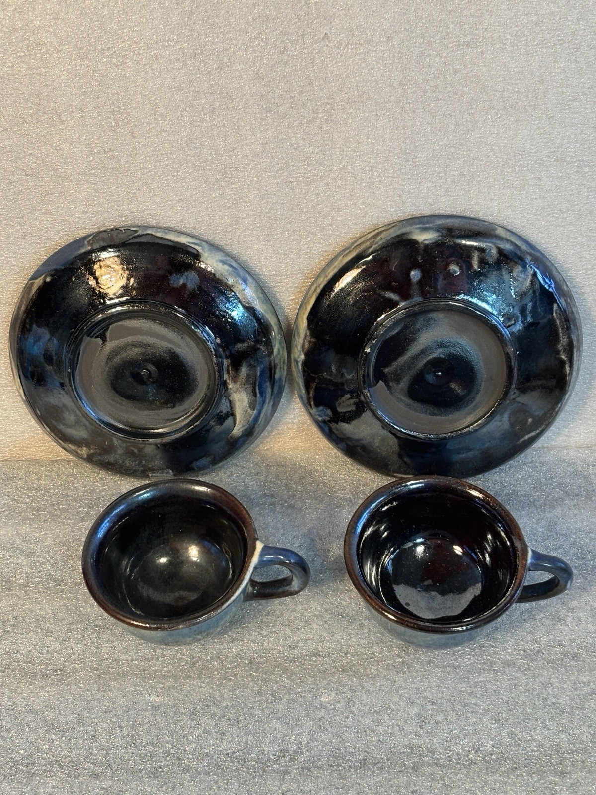 Studio Ceramic Pottery 2 cups & 2 Saucers Hand-Made Brown Blue Yellow