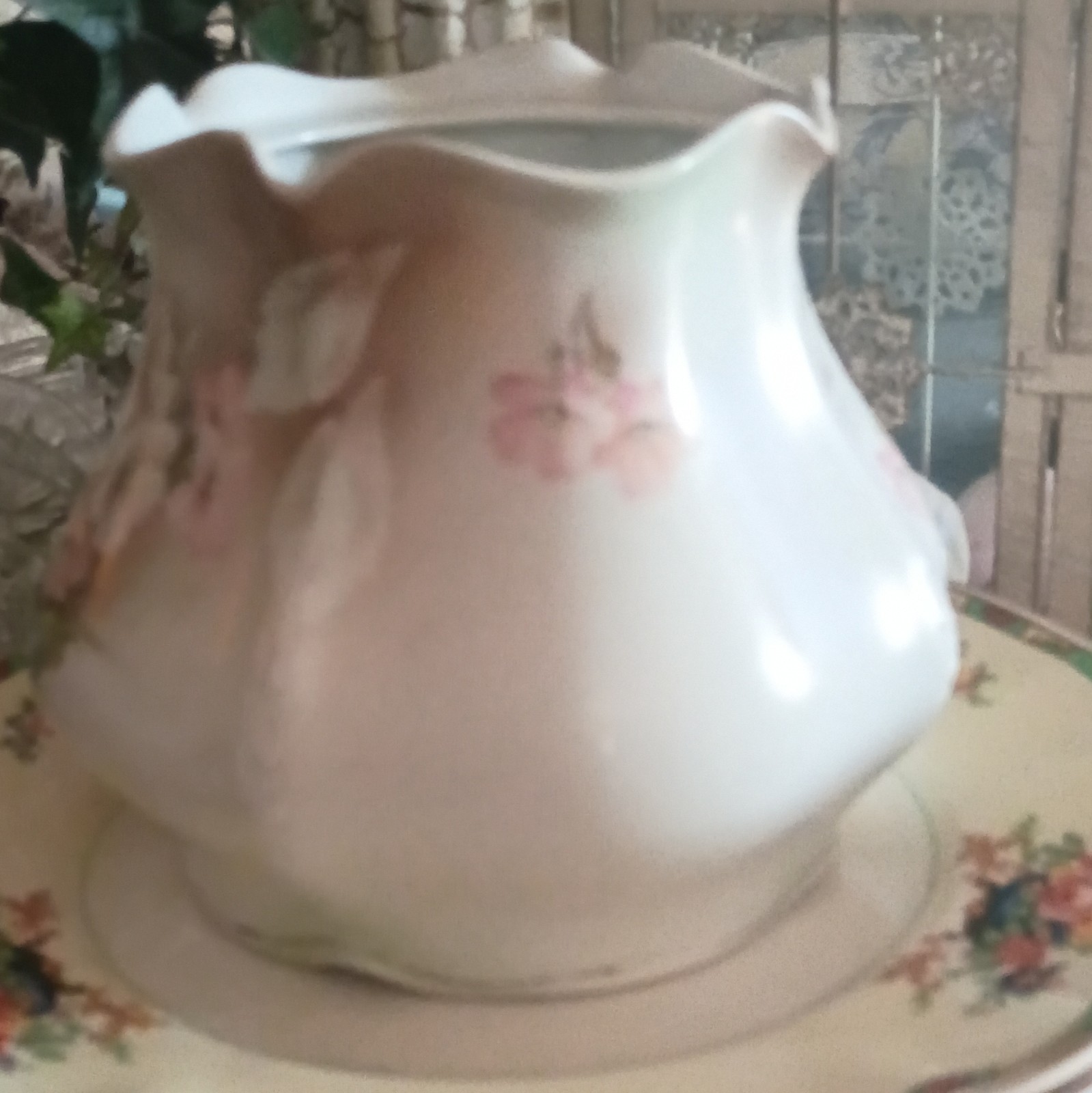 RS Prussia Floral Porcelain Pitcher Glossy White Pink Green Prussia