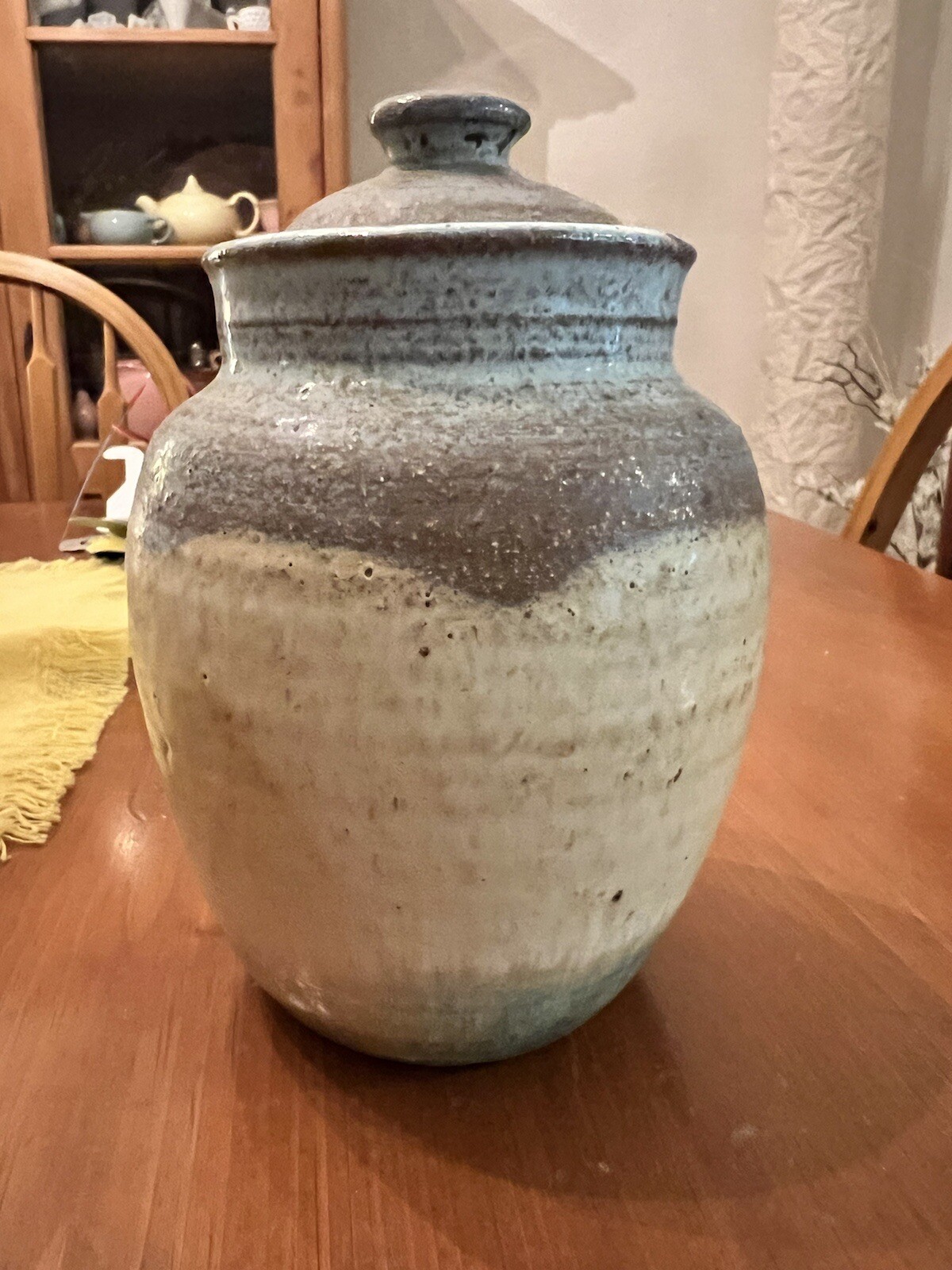 Textured Tan Blue Gray Stone Clay Pottery Ginger Jar Storage Jar Lidded